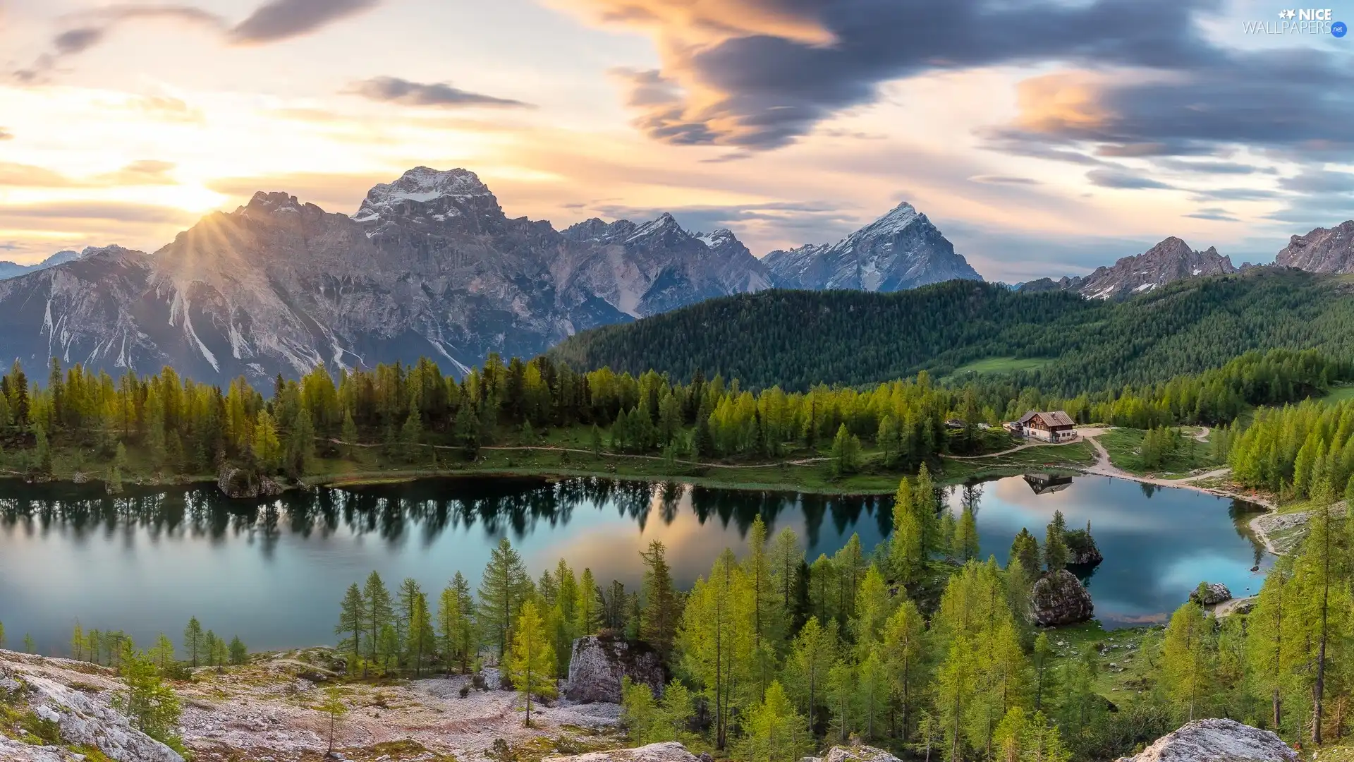 trees, lake, house, forest, Mountains, viewes, clouds
