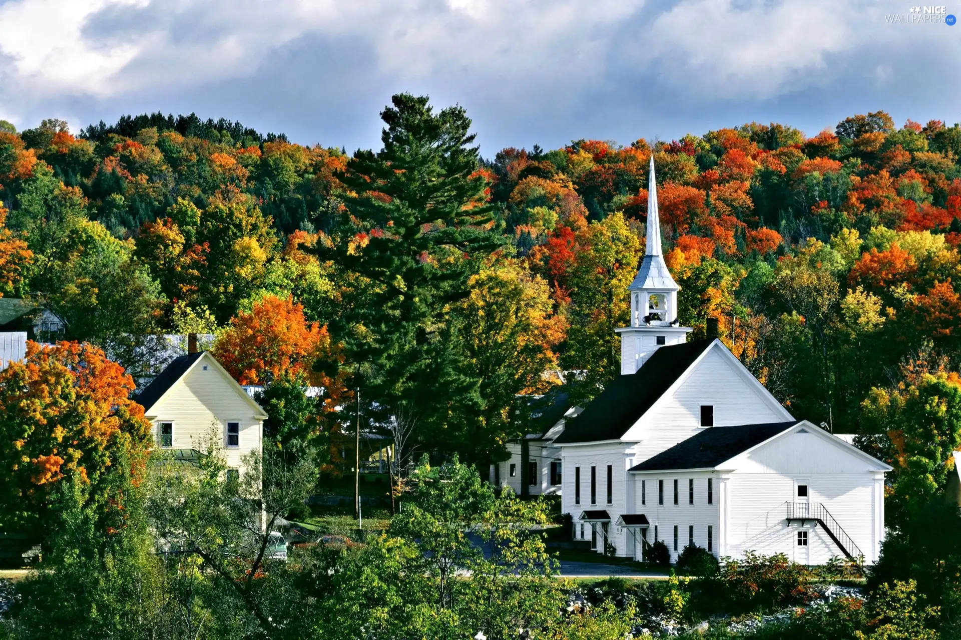 forest, Church, Houses