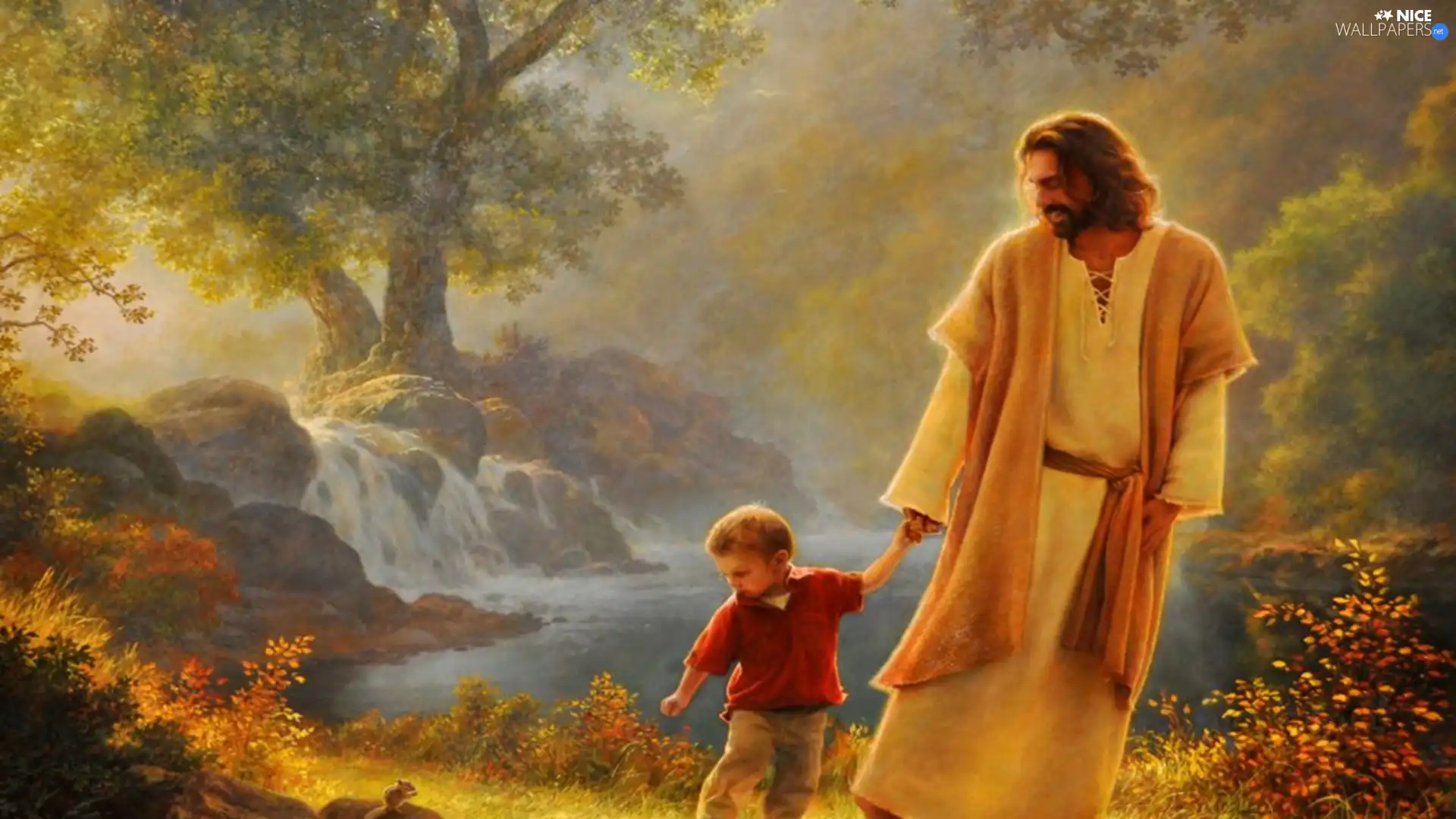 Jesus, water, forest, boy