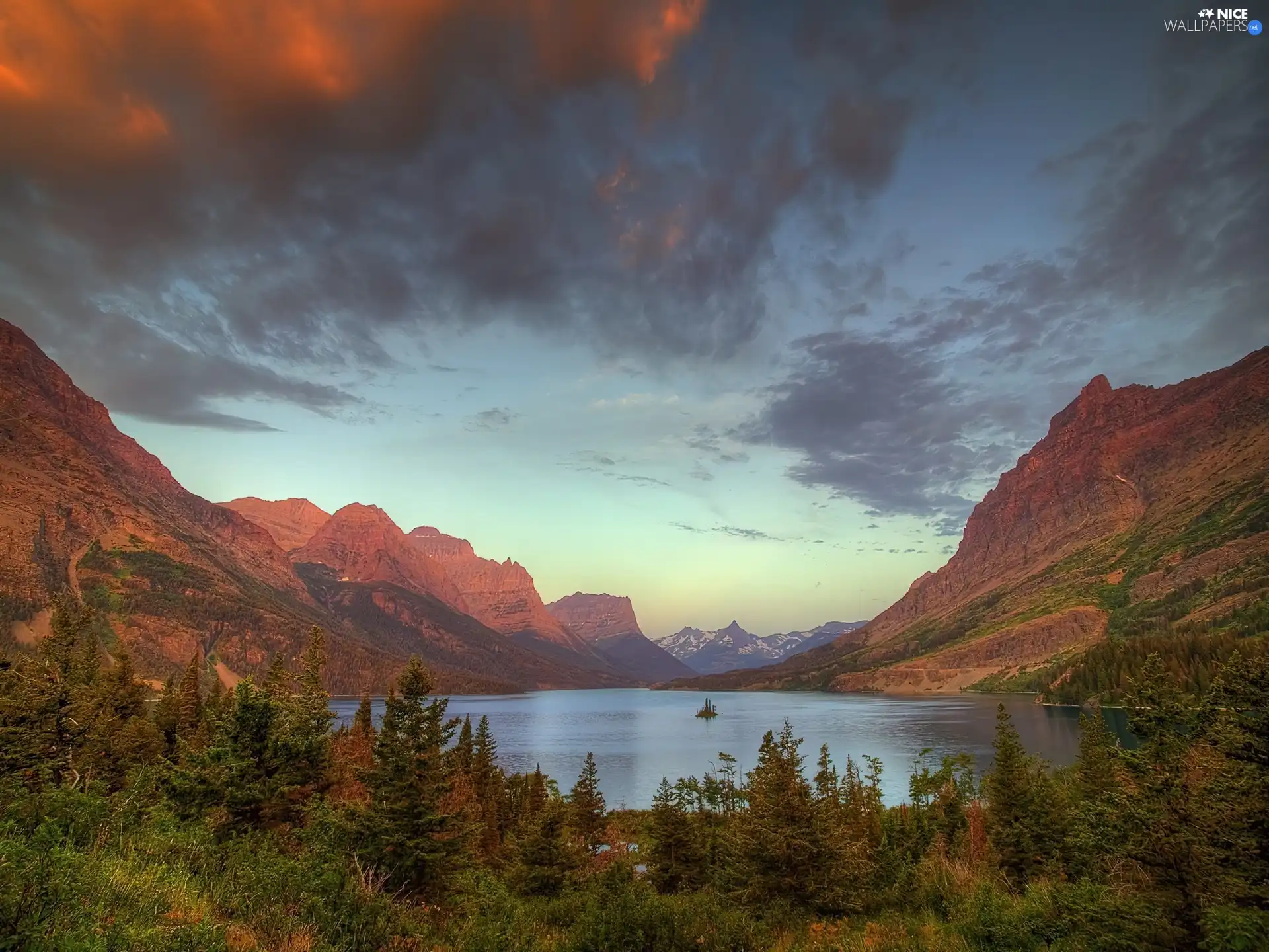 lake, clouds, forest, Mountains