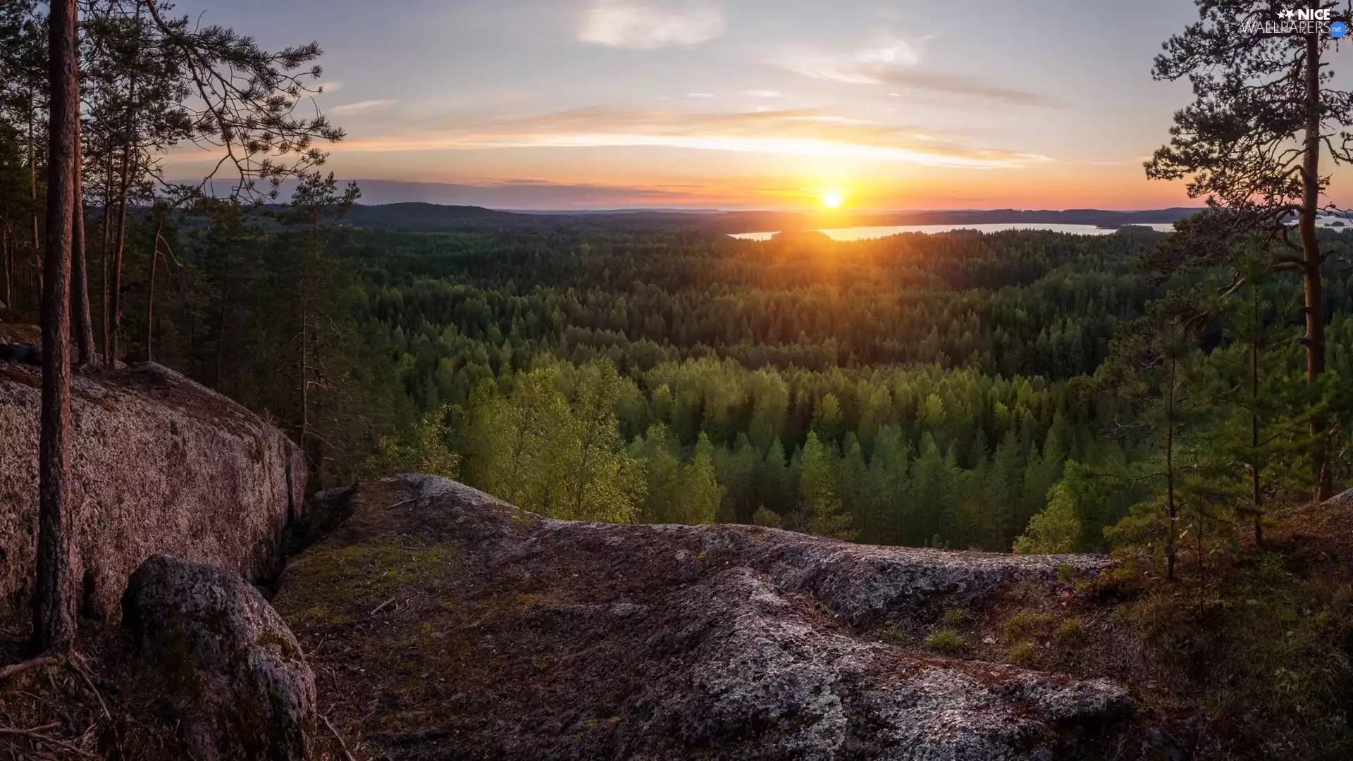 forest, Laukaa Commune, rocks, Hyyppaanvuori, Finland, lake, Great Sunsets