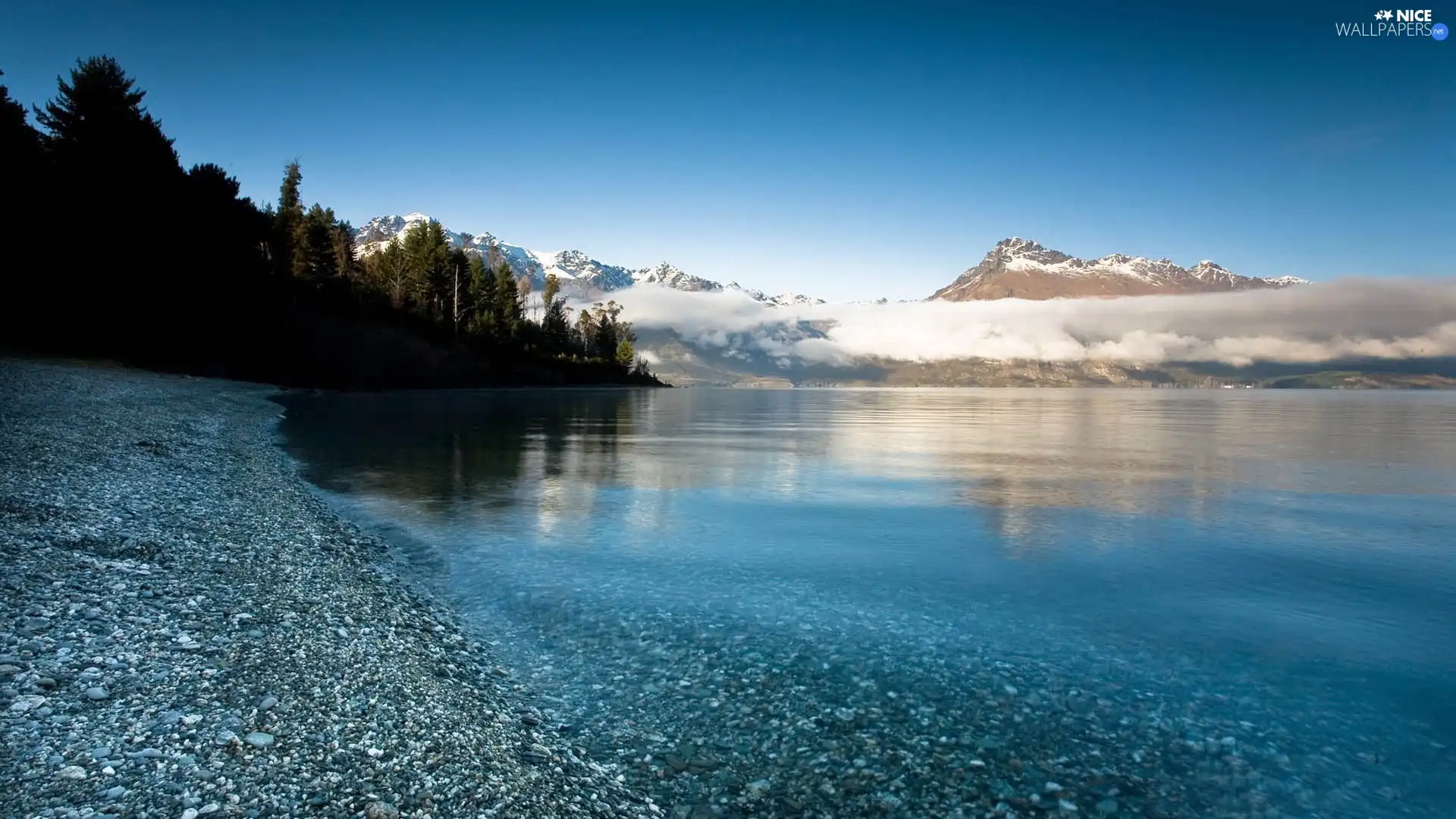 lake, Fog, forest, Mountains