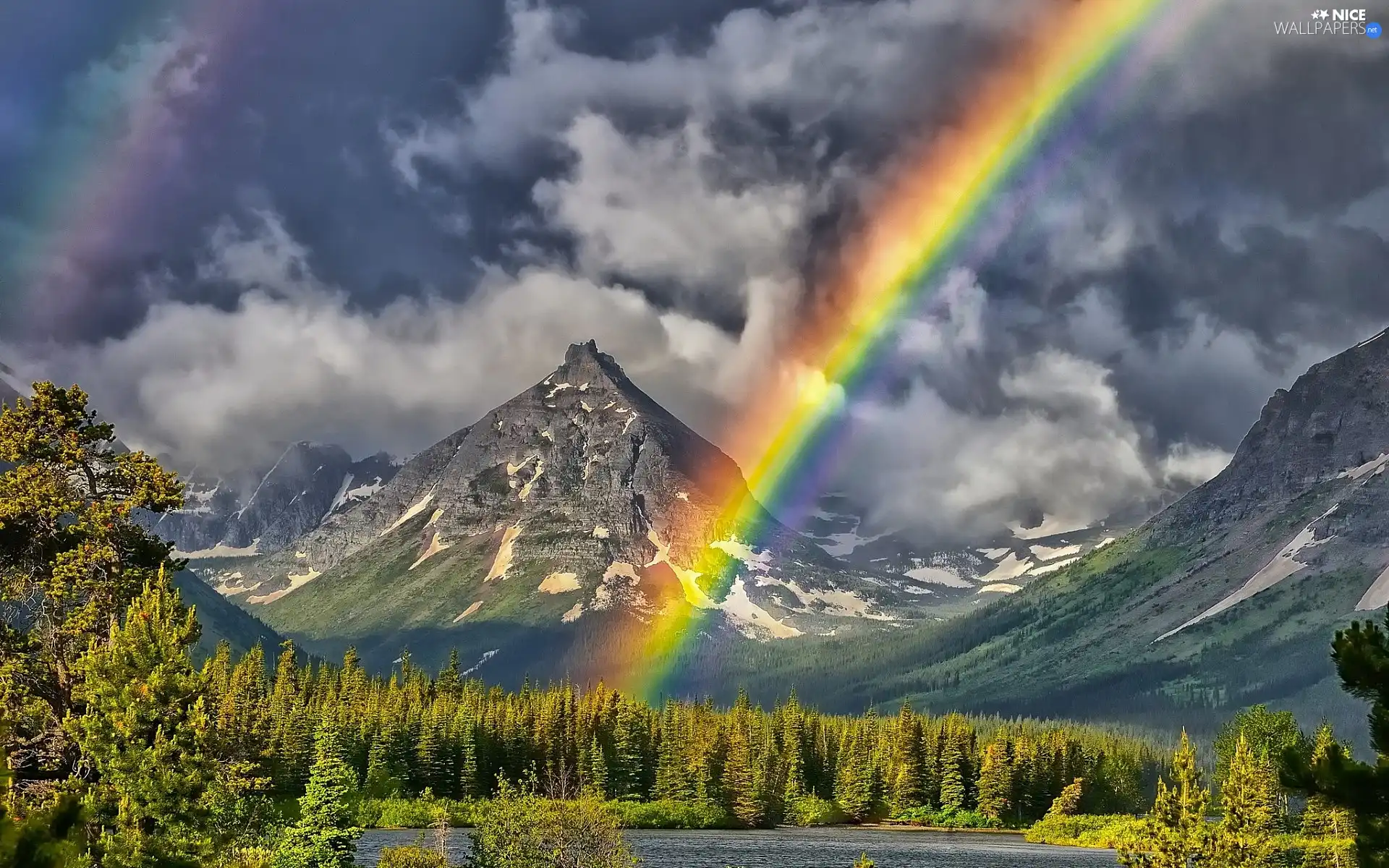 forest, lake, clouds, Mountains, Great Rainbows