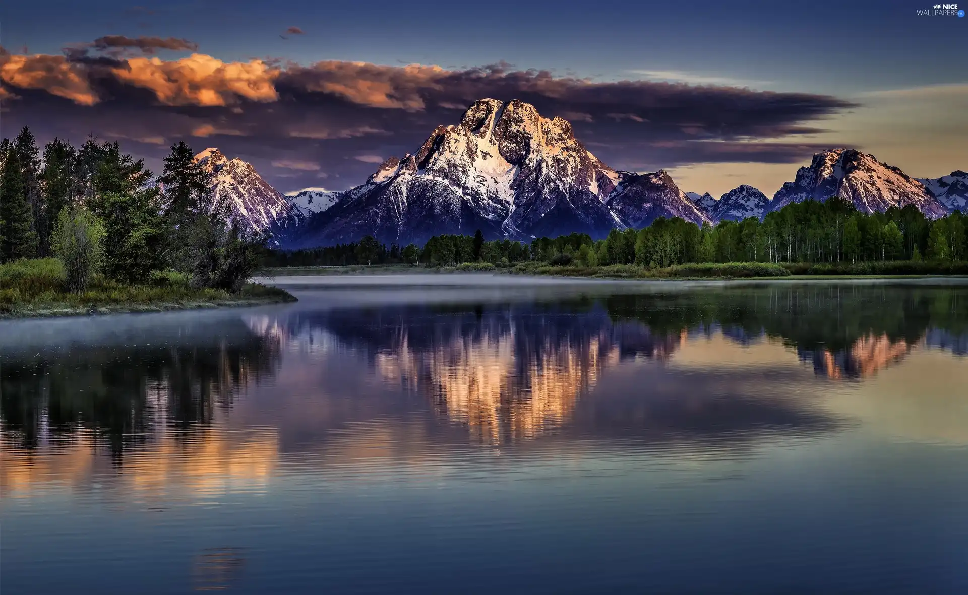 clouds, west, forest, lake, Mountains, sun