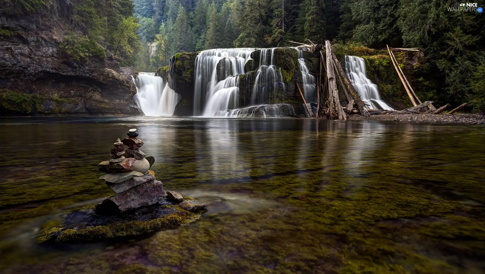 forest, waterfall, lake