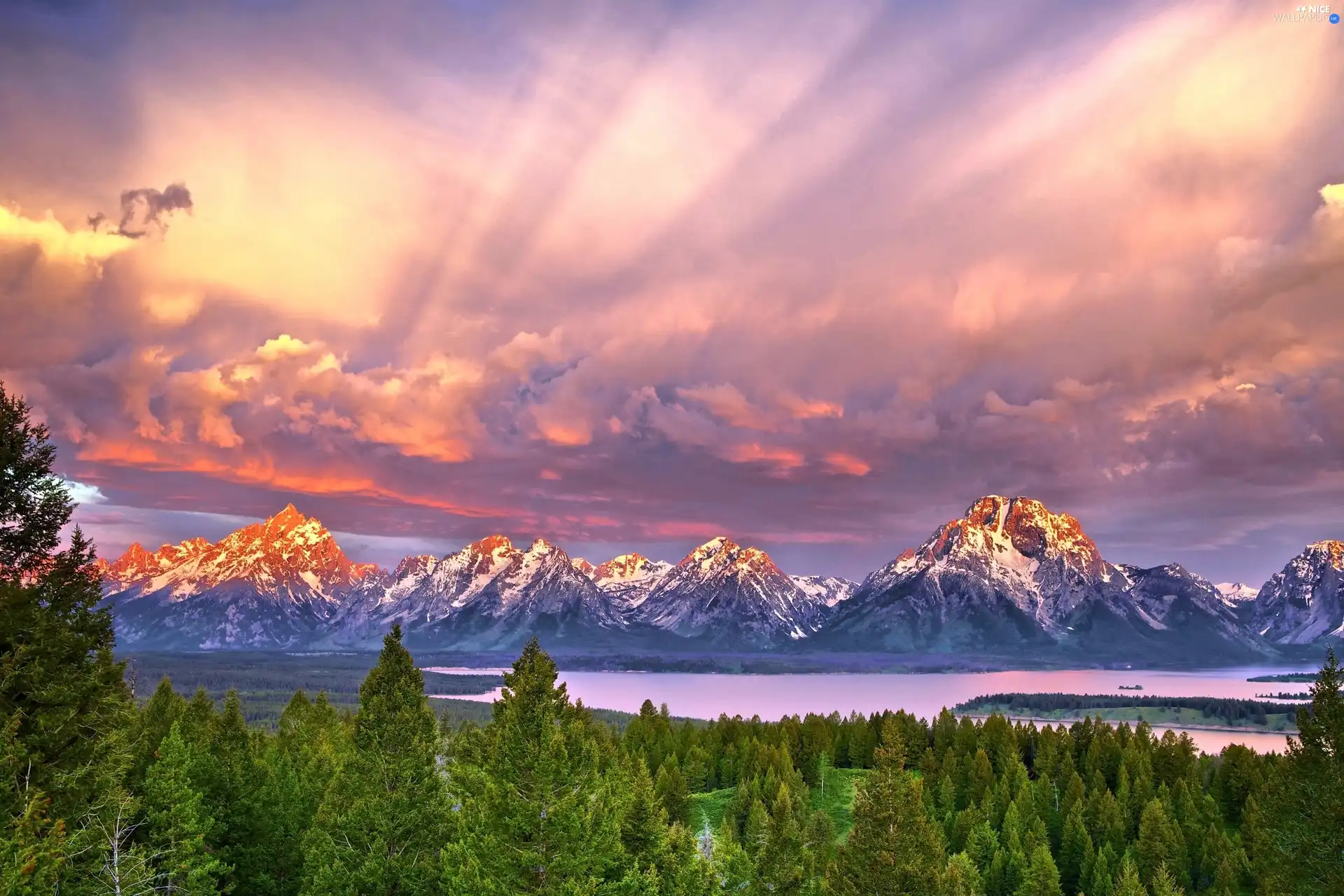 Sun, clouds, Gory, west, Sky, forest, lake