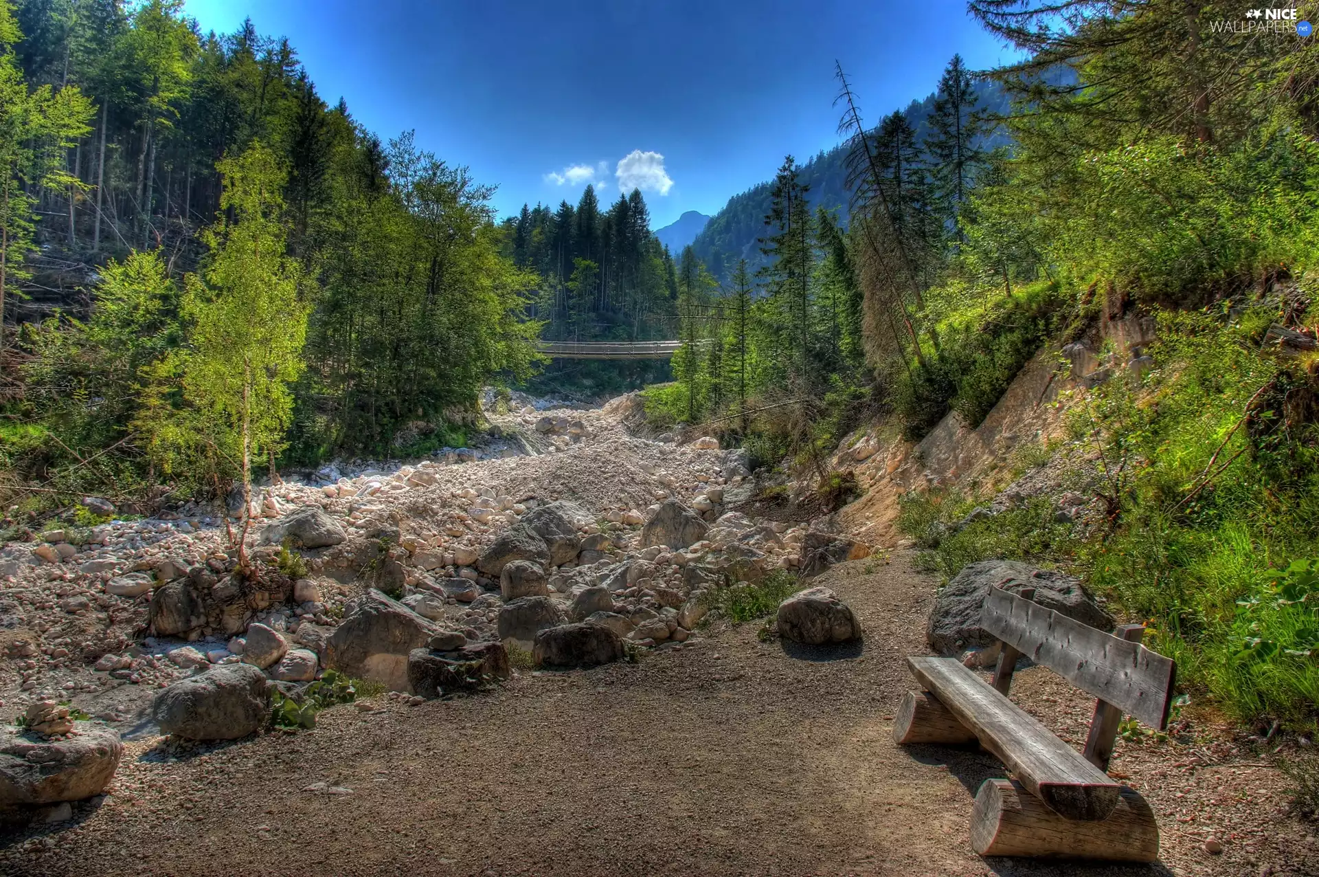 Mountains, Stones, Bench, forest