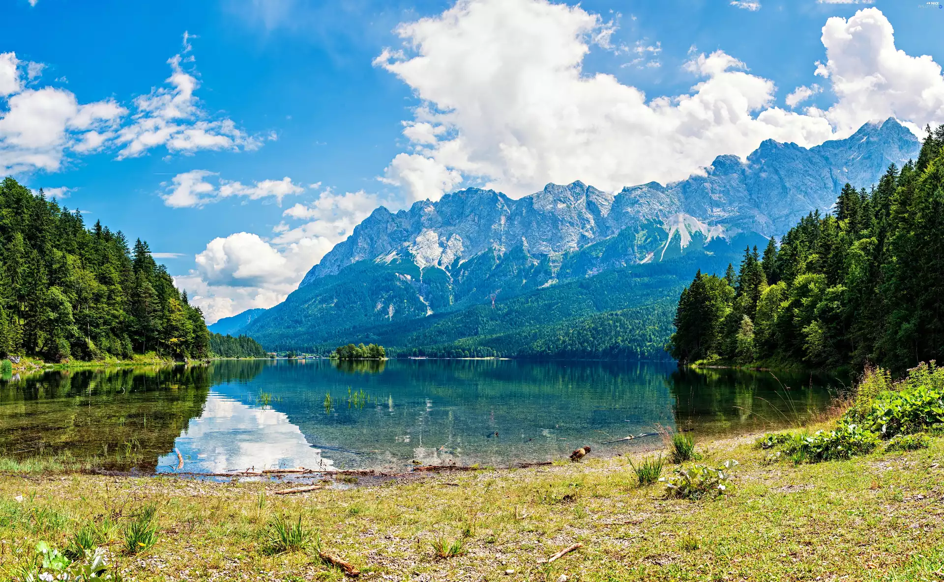 Mountains, lake, clouds, forest