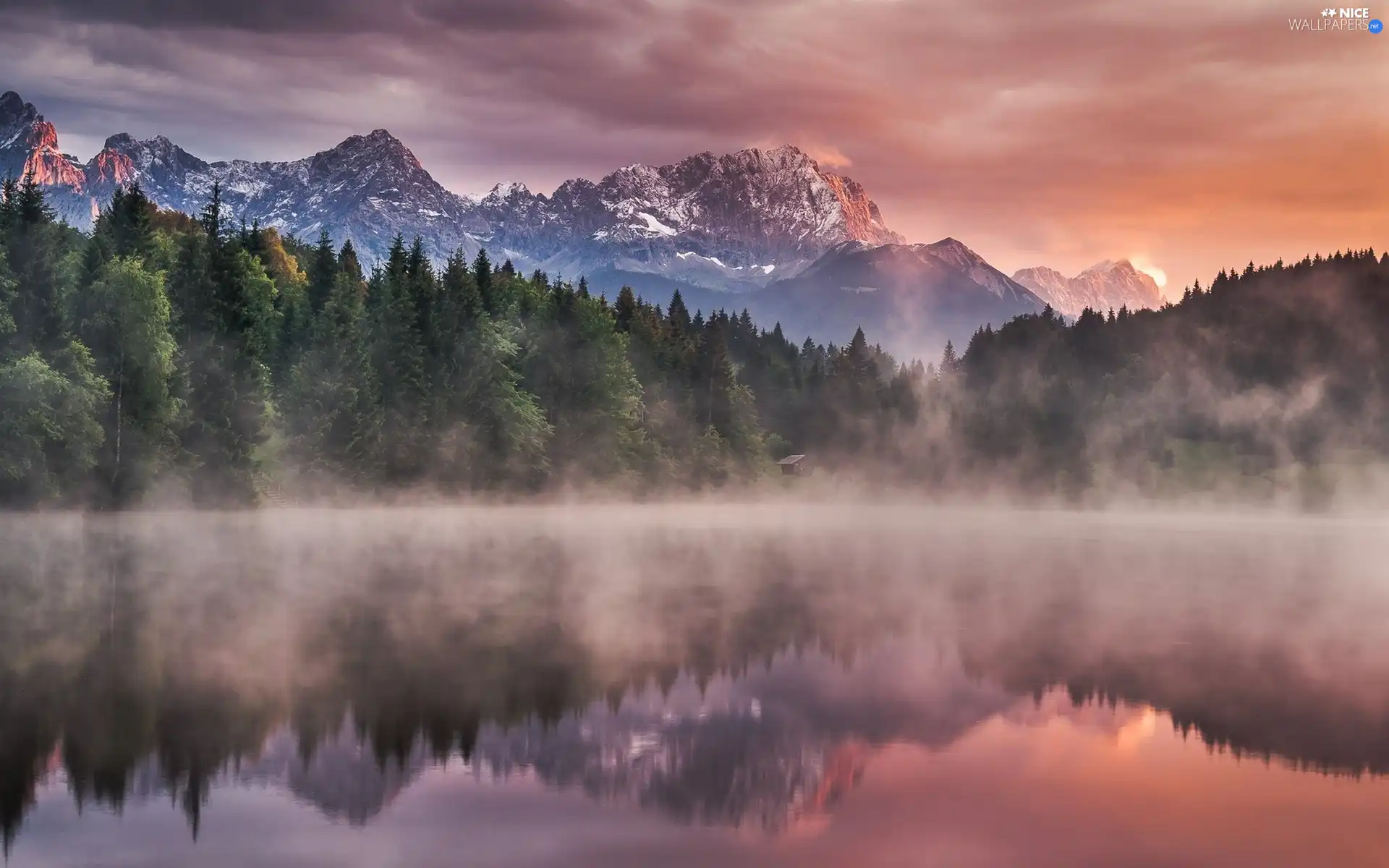 Mountains, Fog, forest, lake