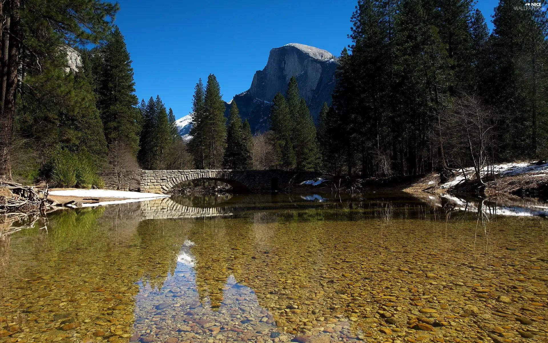 forest, Mountains, stone, bridge, River