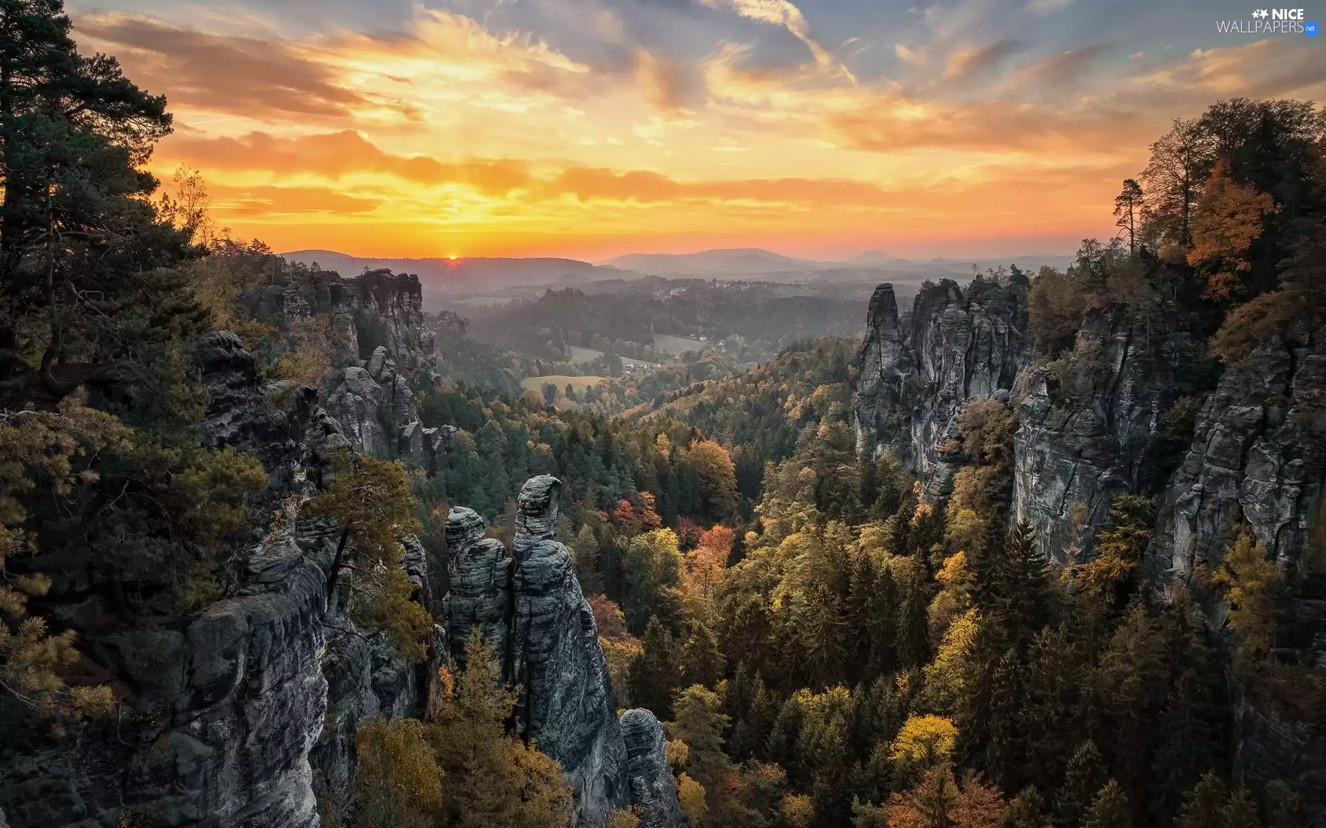 Děčínská vrchovina, viewes, rocks, Saxony, Fog, trees, forest, Germany, Saxon Switzerland National Park, Great Sunsets