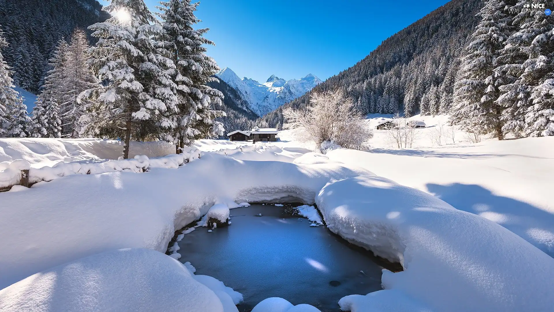 trees, Mountains, puddle, forest, winter, viewes, Houses