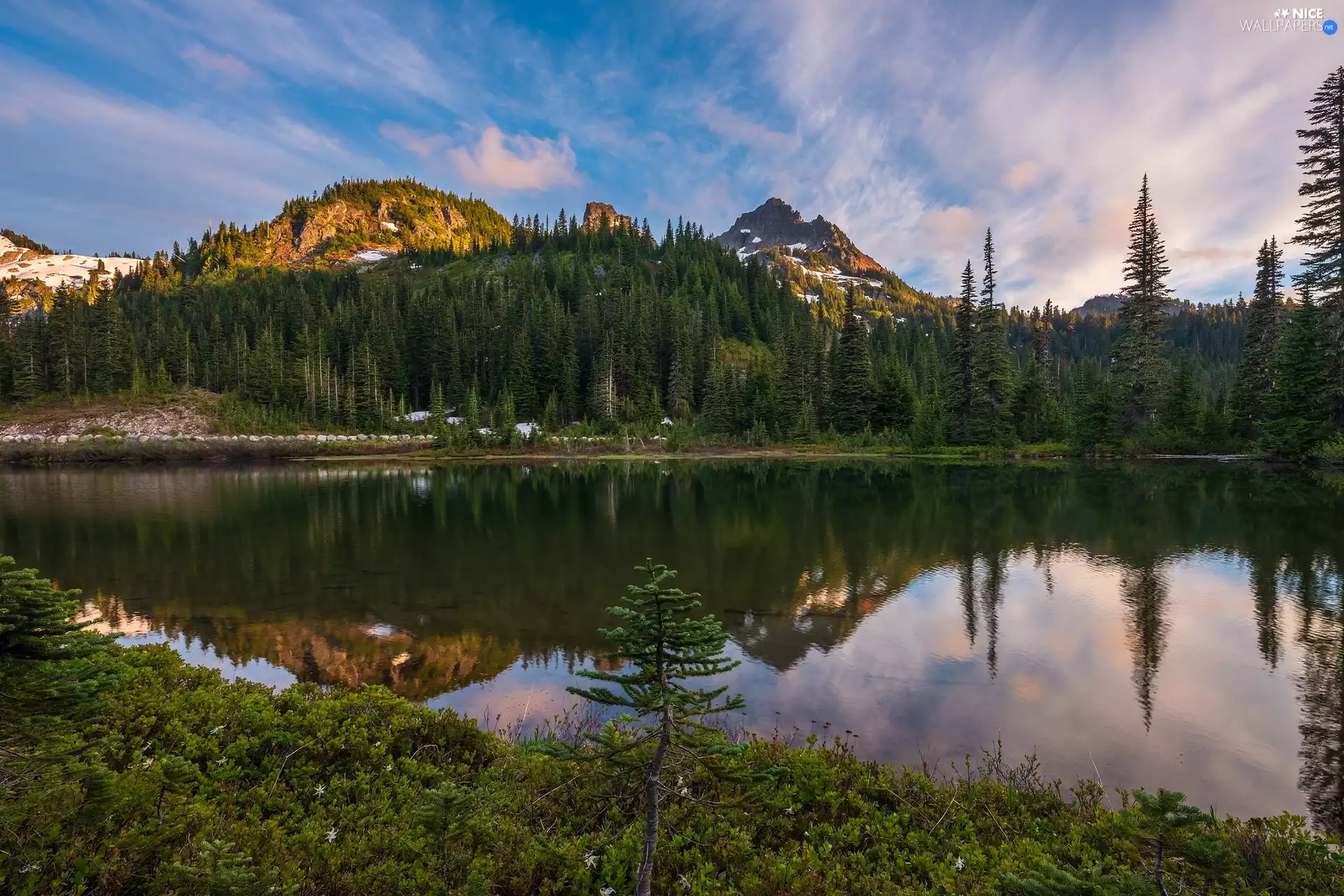 trees, lake, reflection, forest, Mountains, viewes, clouds