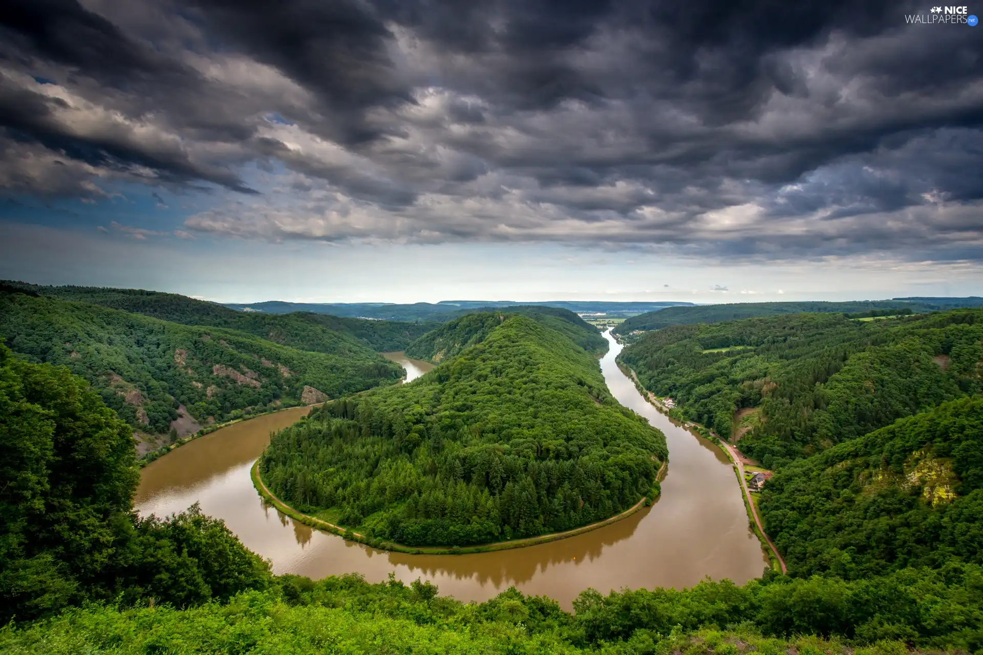 forest, clouds, River