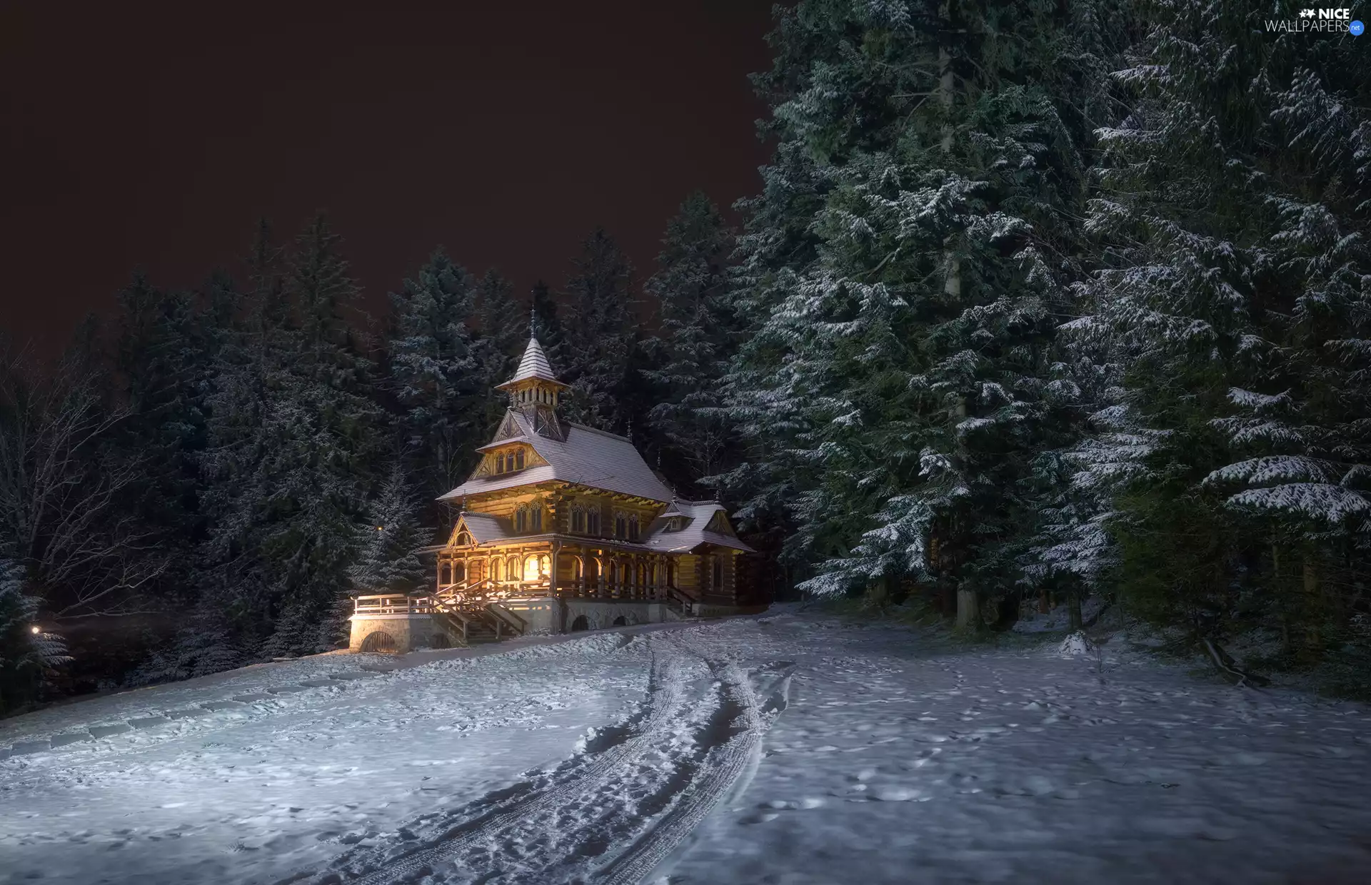 Zakopane, Jaszczurowka, Poland, winter, Way, light, church, forest, Chapel of the Sacred Heart of Jesus