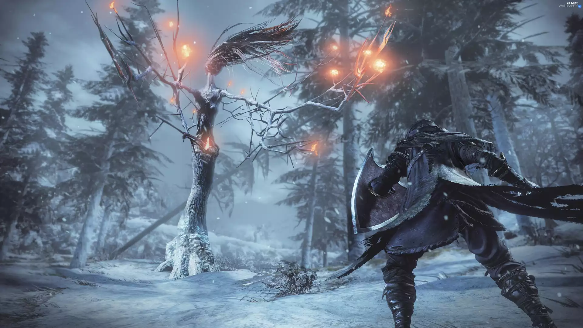 forest, Night, Dark Souls 3, winter, game, viewes, trees, form