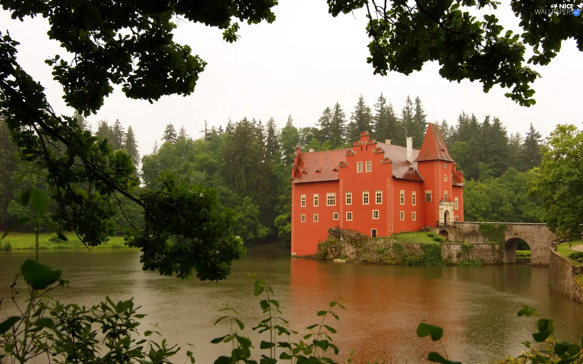 villa, lake, forest, bridges