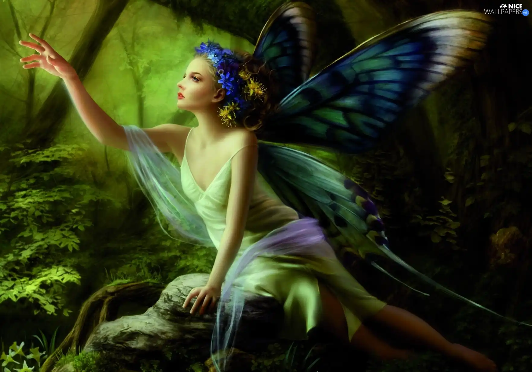 Women, wreath, forest, butterfly