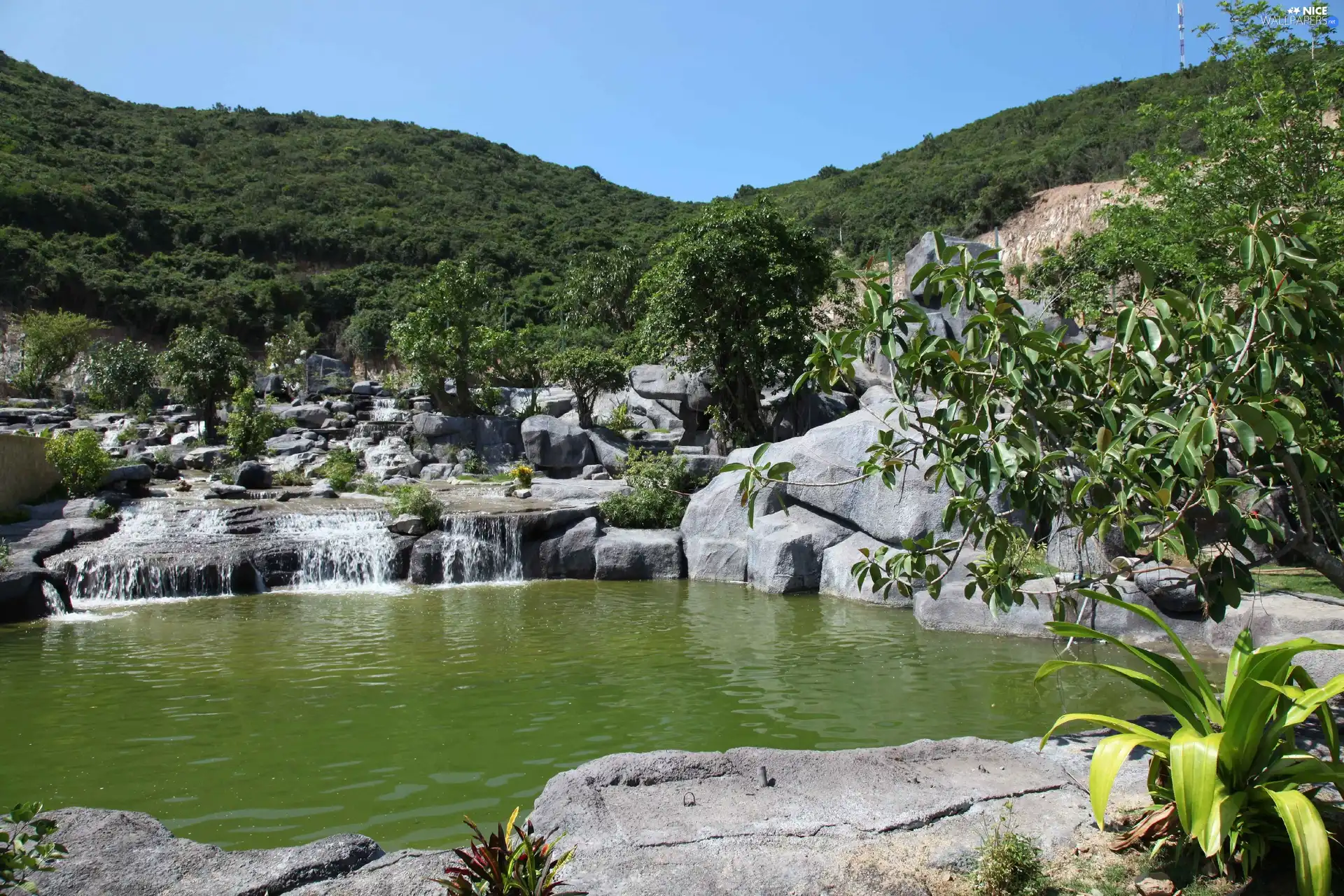 forested, Mountains, lake, rocks, waterfall