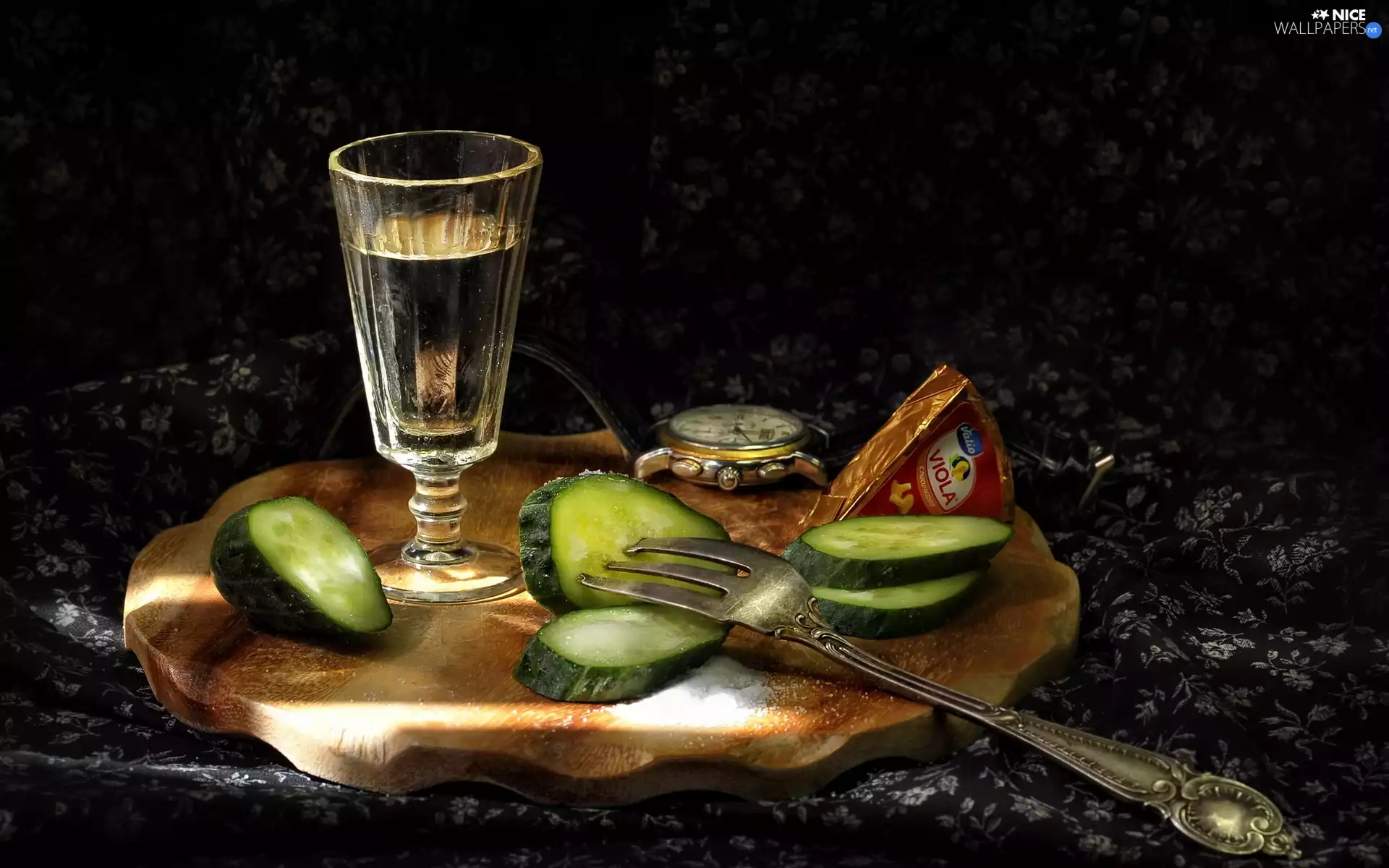 slices, glass, Watch, fork, cheese, cucumbers
