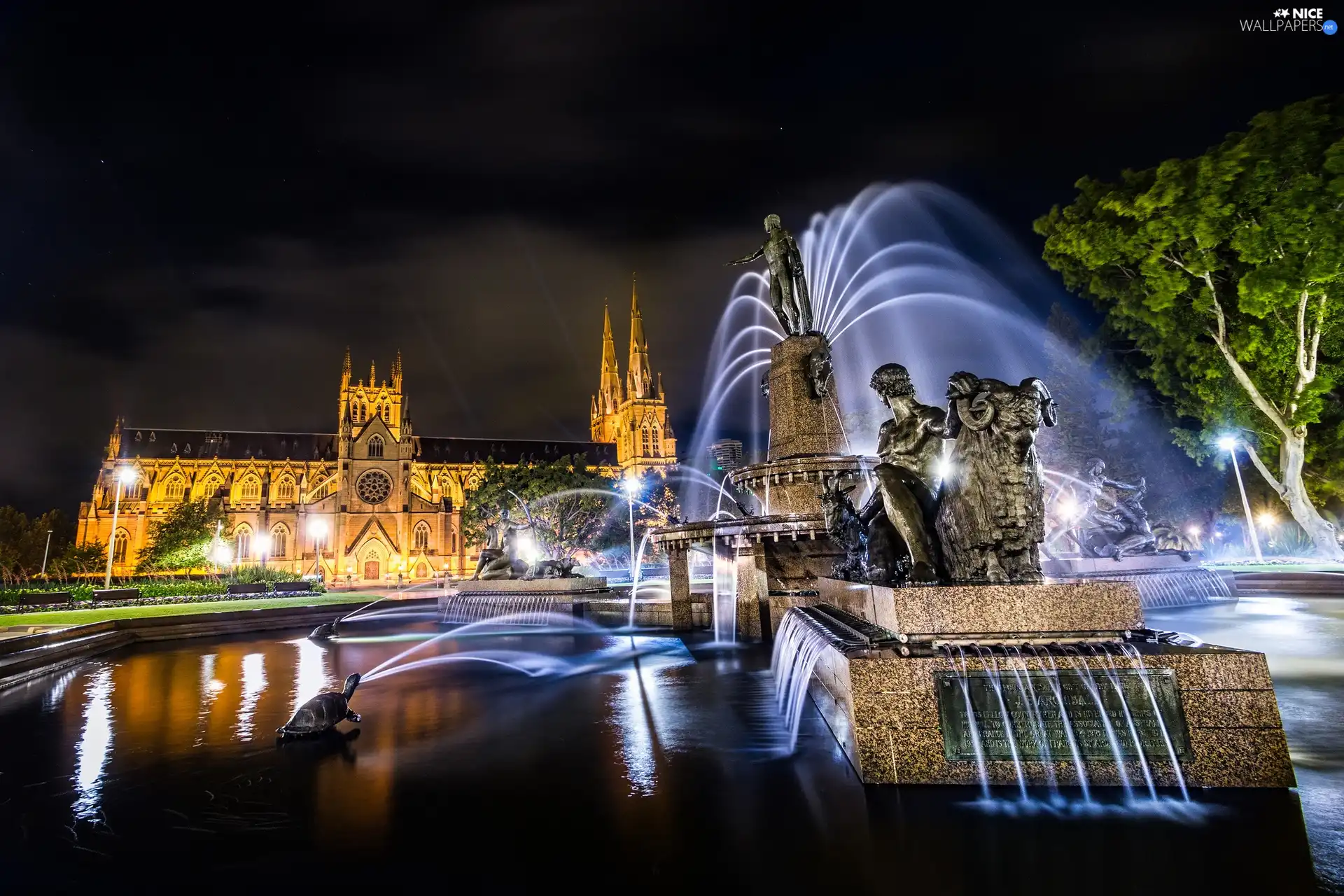 Australia, Night, fountain, Sydney