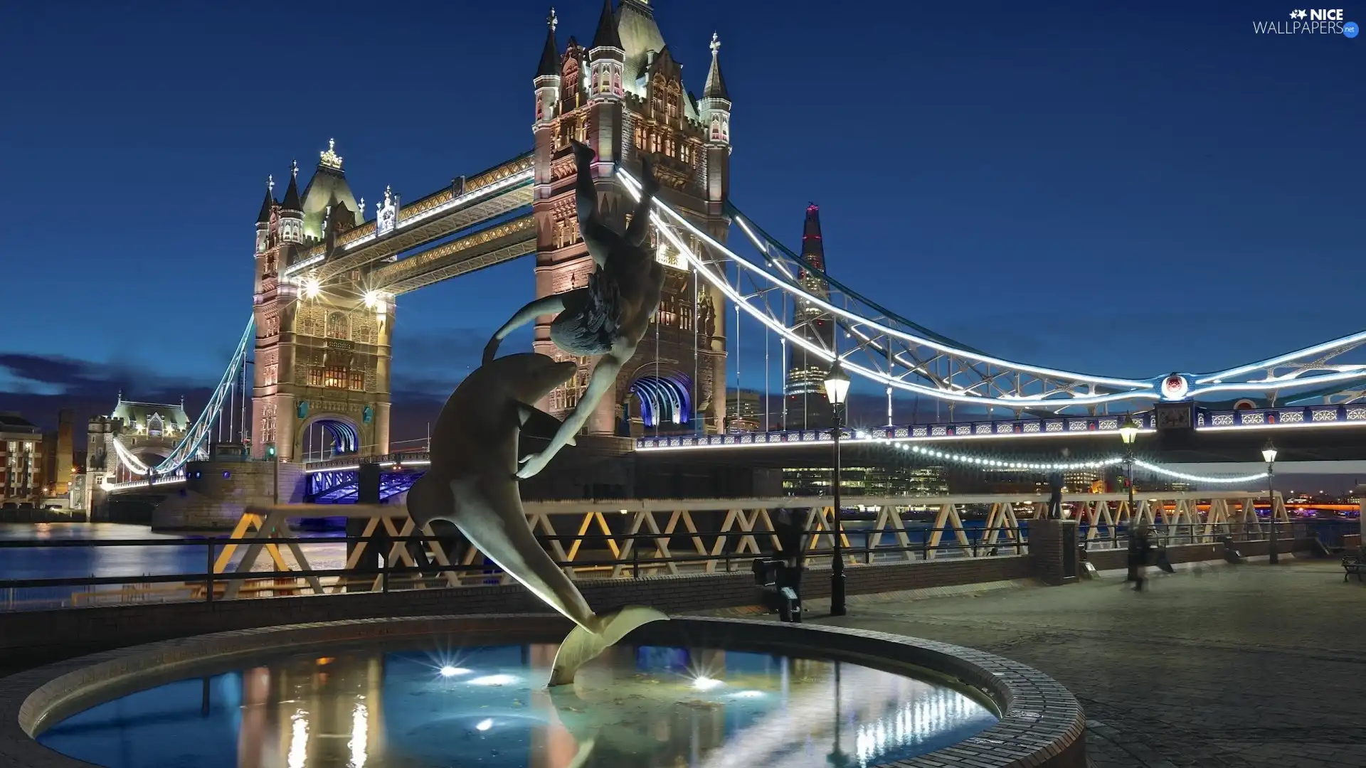 fountain, dolphin, bridge, Tower Bridge, England