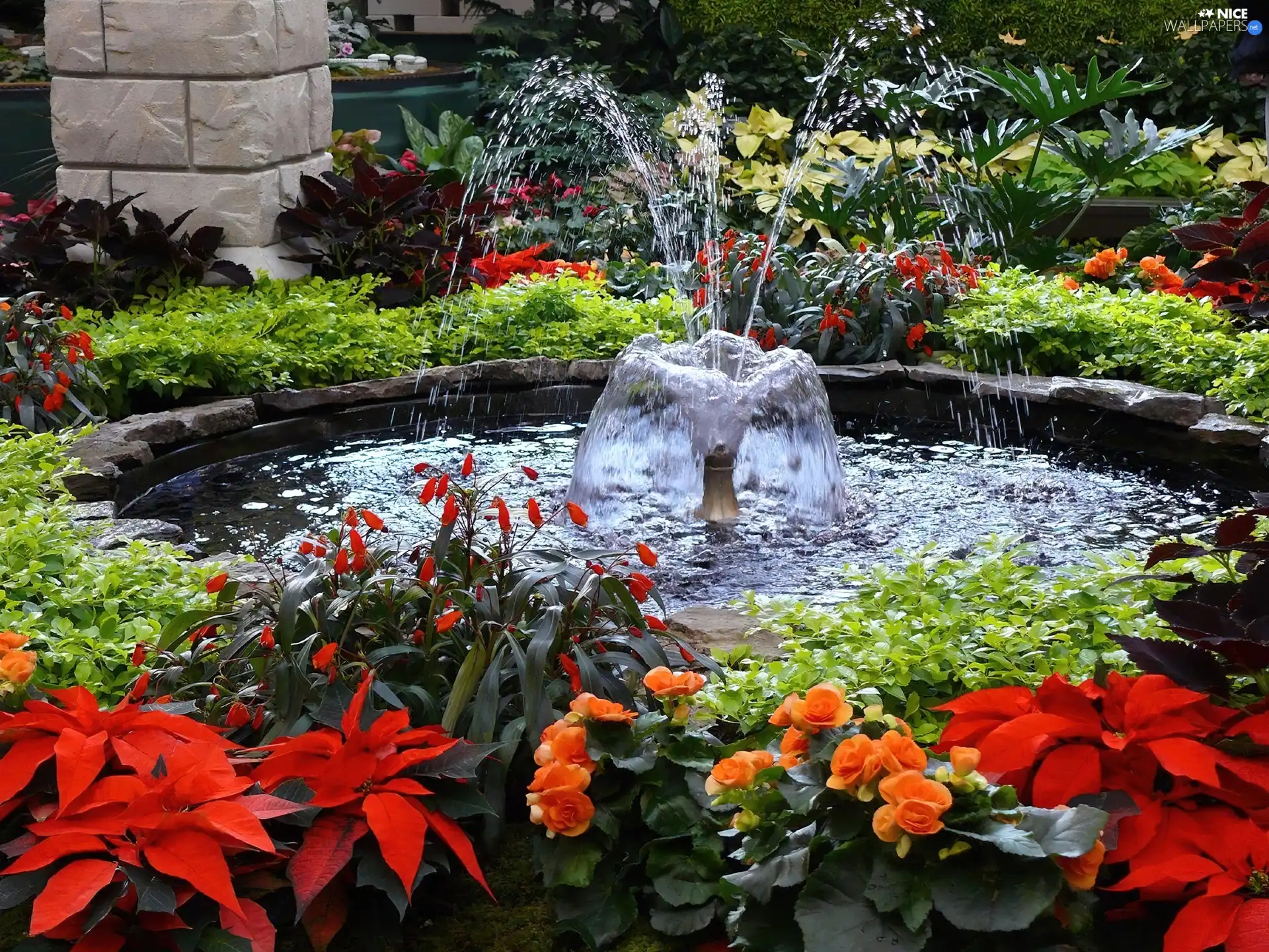 fountain, Garden, Flowers