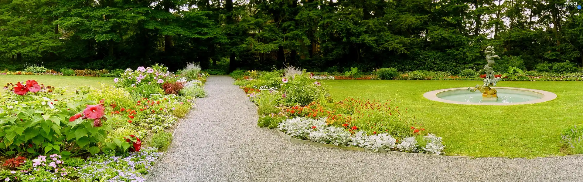 Garden, green, fountain, Flowers