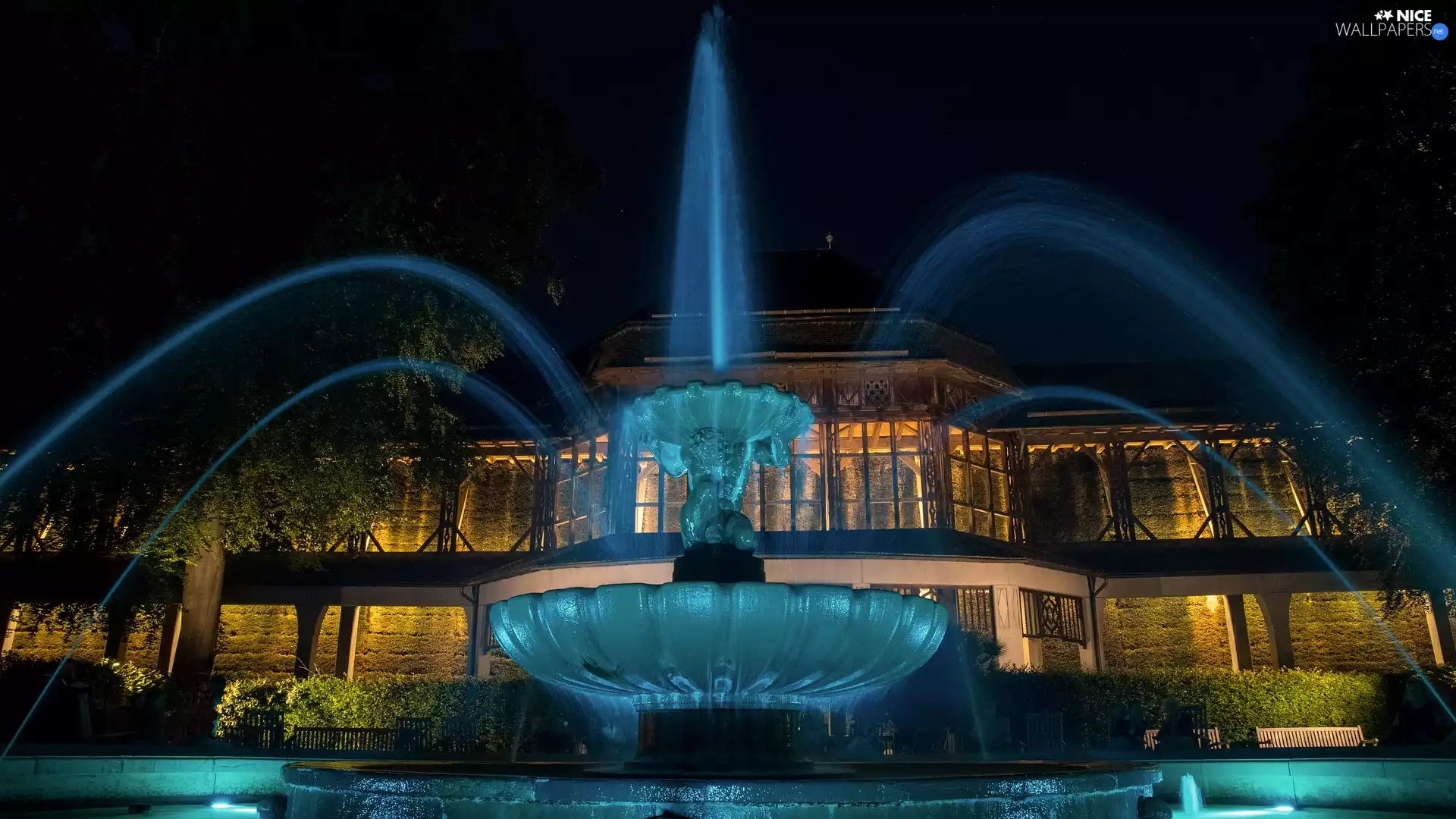 illuminated, house, Night, fountain