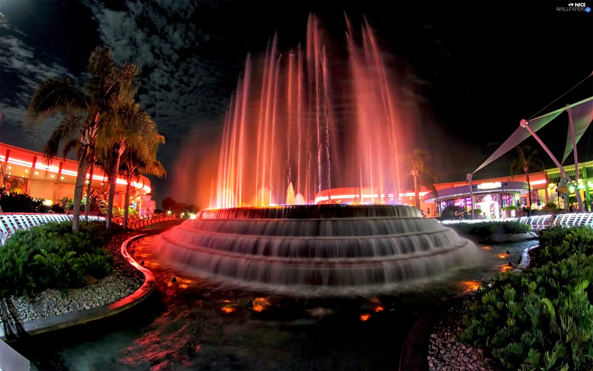 Town, Coloured, fountain, night