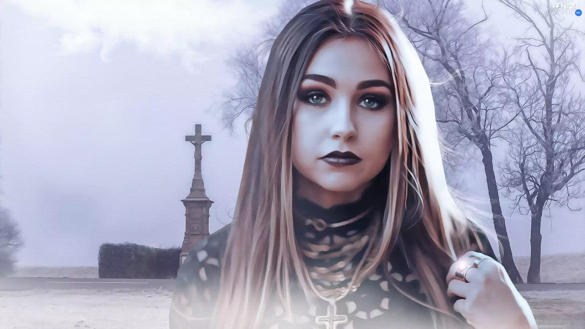 viewes, Fractalius, chapel, trees, girl