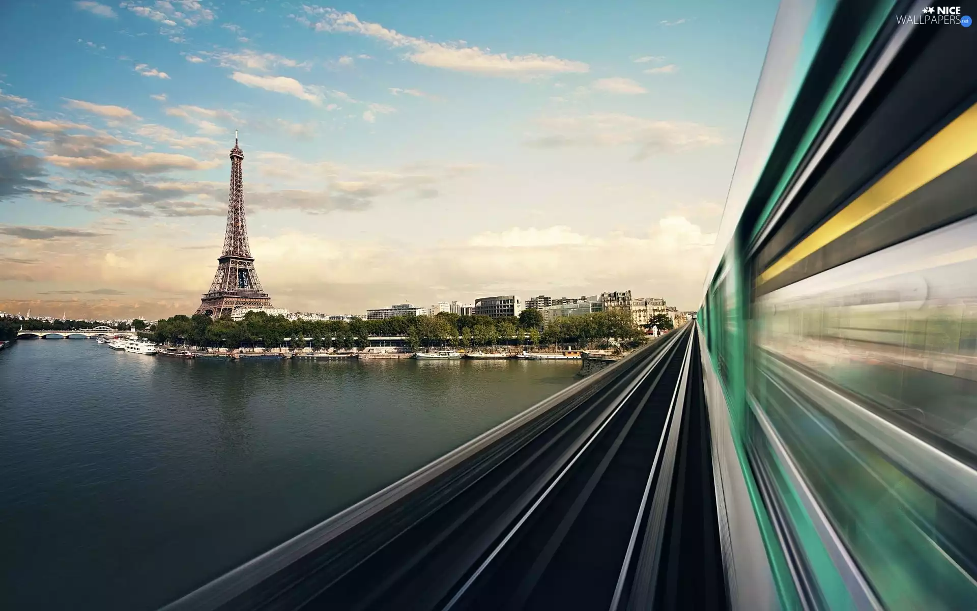 Eiffla Tower, Train, France, River, Paris