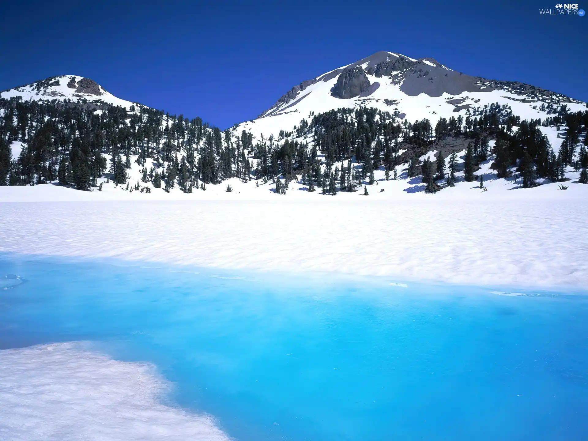 Frozen, River, snow, forest, Mountains