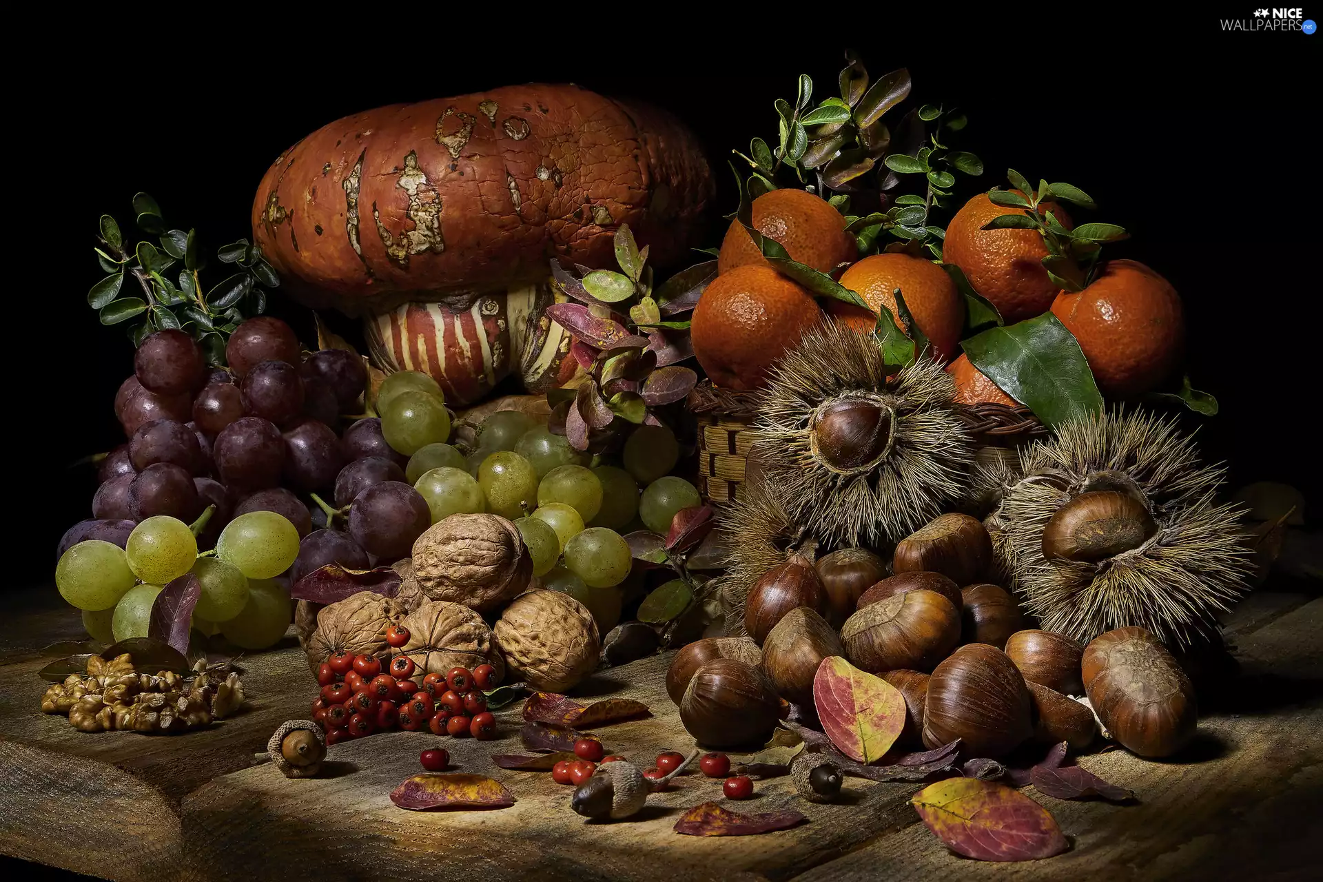 mandarin, vegetables, Sweet Chestnuts, Leaf, nuts, Fruits, pumpkin, composition, Plant, Grapes