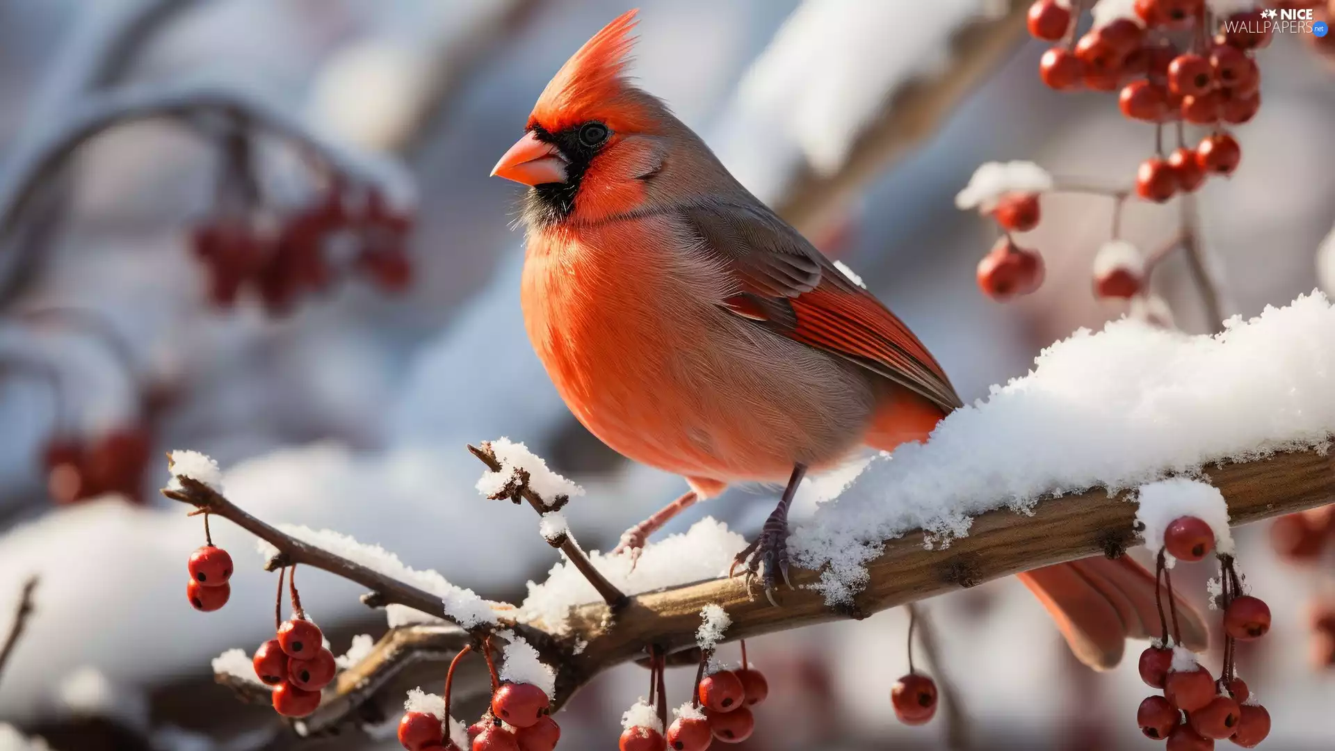 snow, Bird, Red, Fruits, Twigs, Northern Cardinal