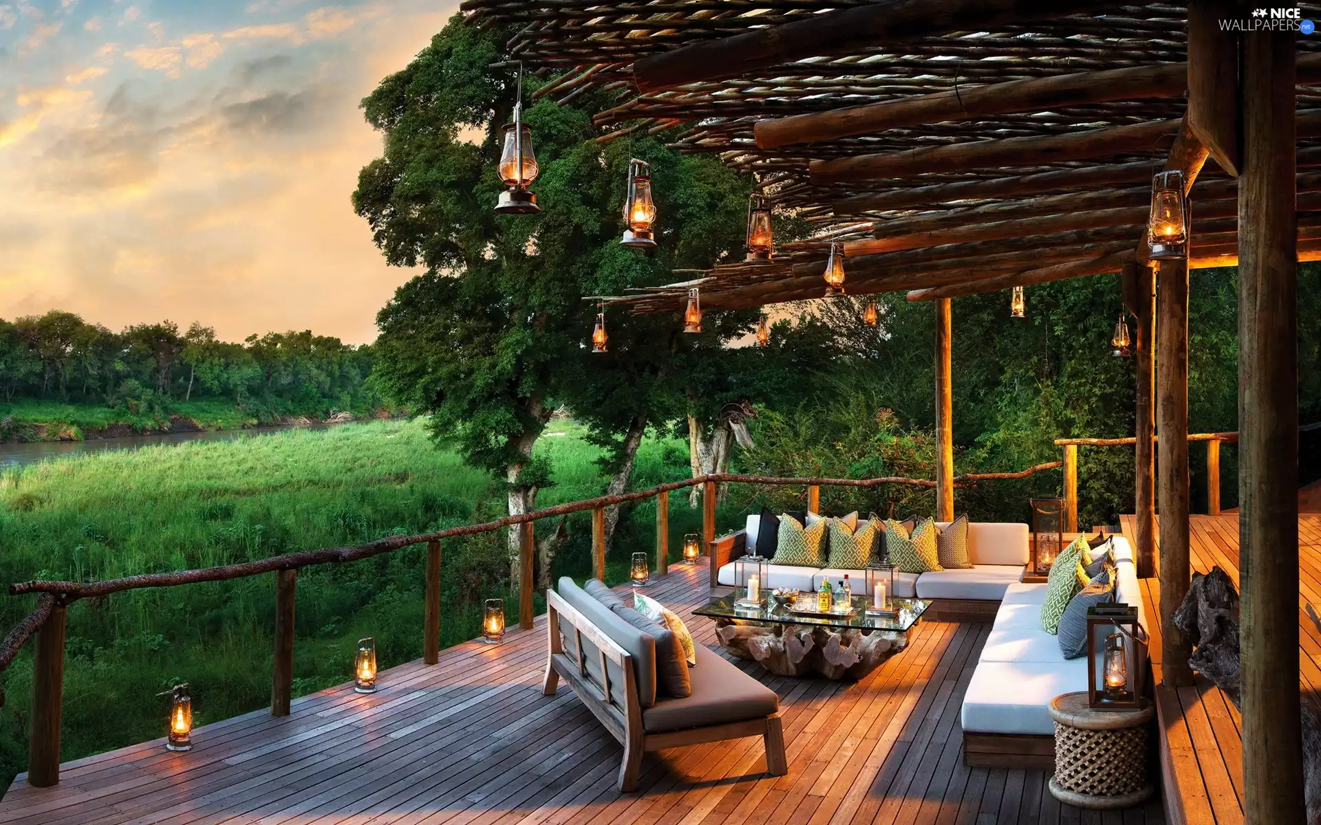 Lamps, terrace, viewes, furniture, house, trees, River