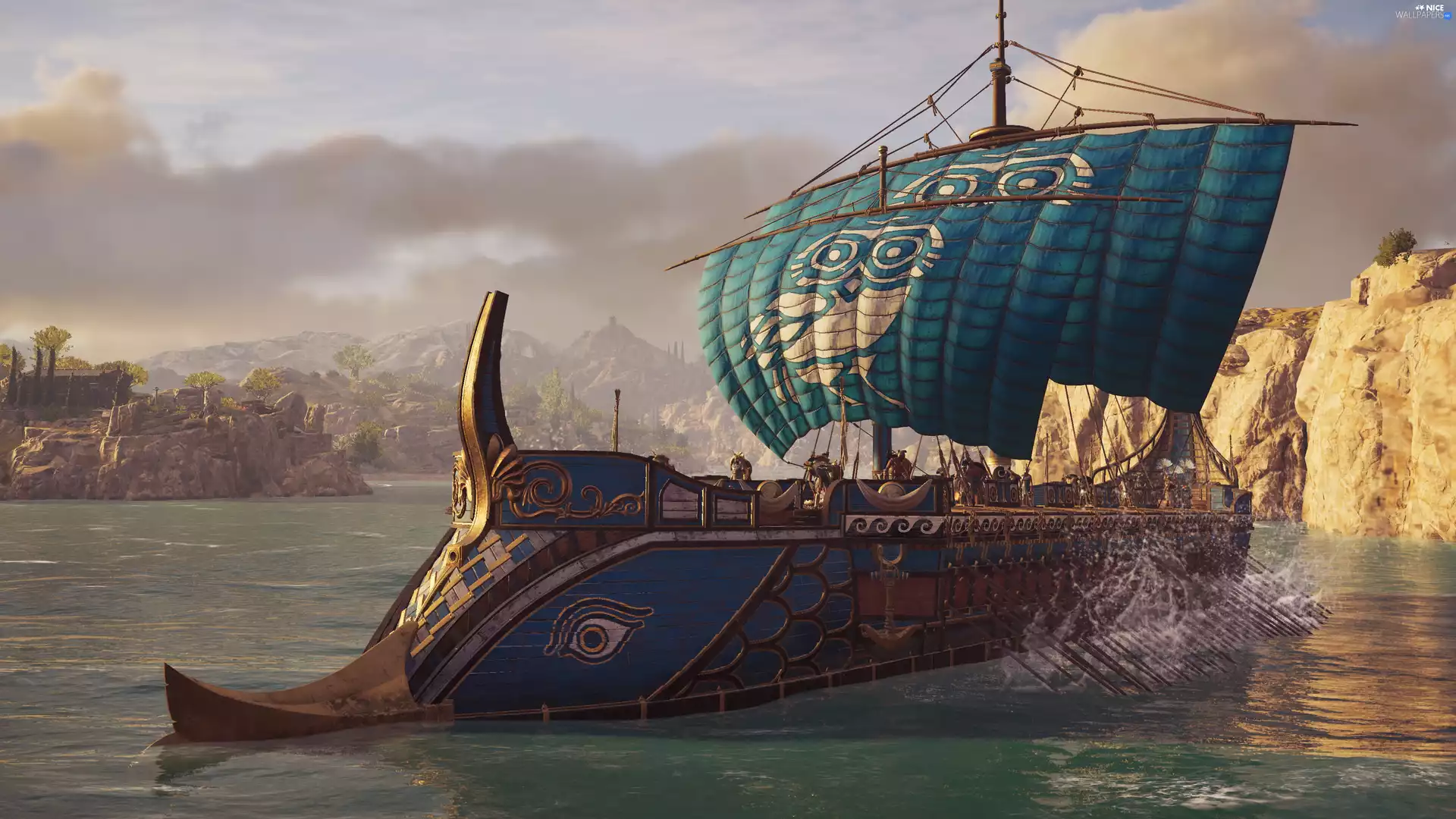 sea, rocks, Assassins Creed Odyssey, sailing vessel, game
