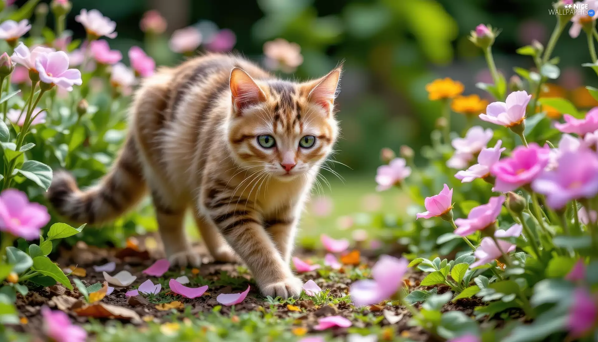 cat, grass, Flowers, Garden