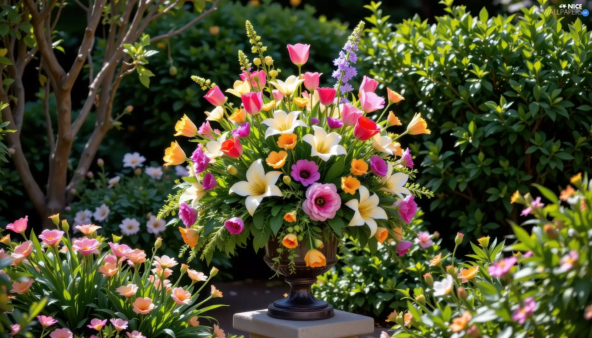 Flowers, bouquet, Bush, Garden, plinth, color