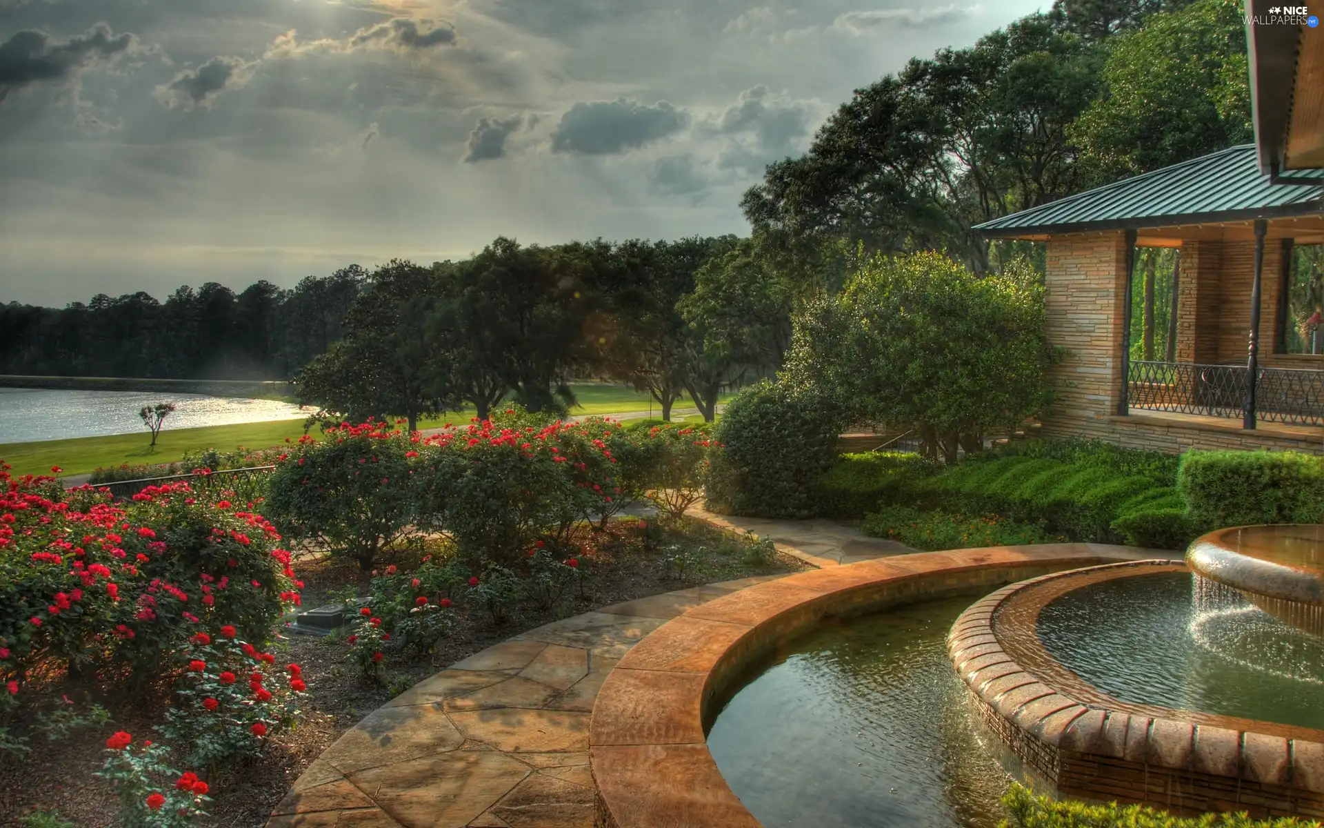 Garden, fountain, house