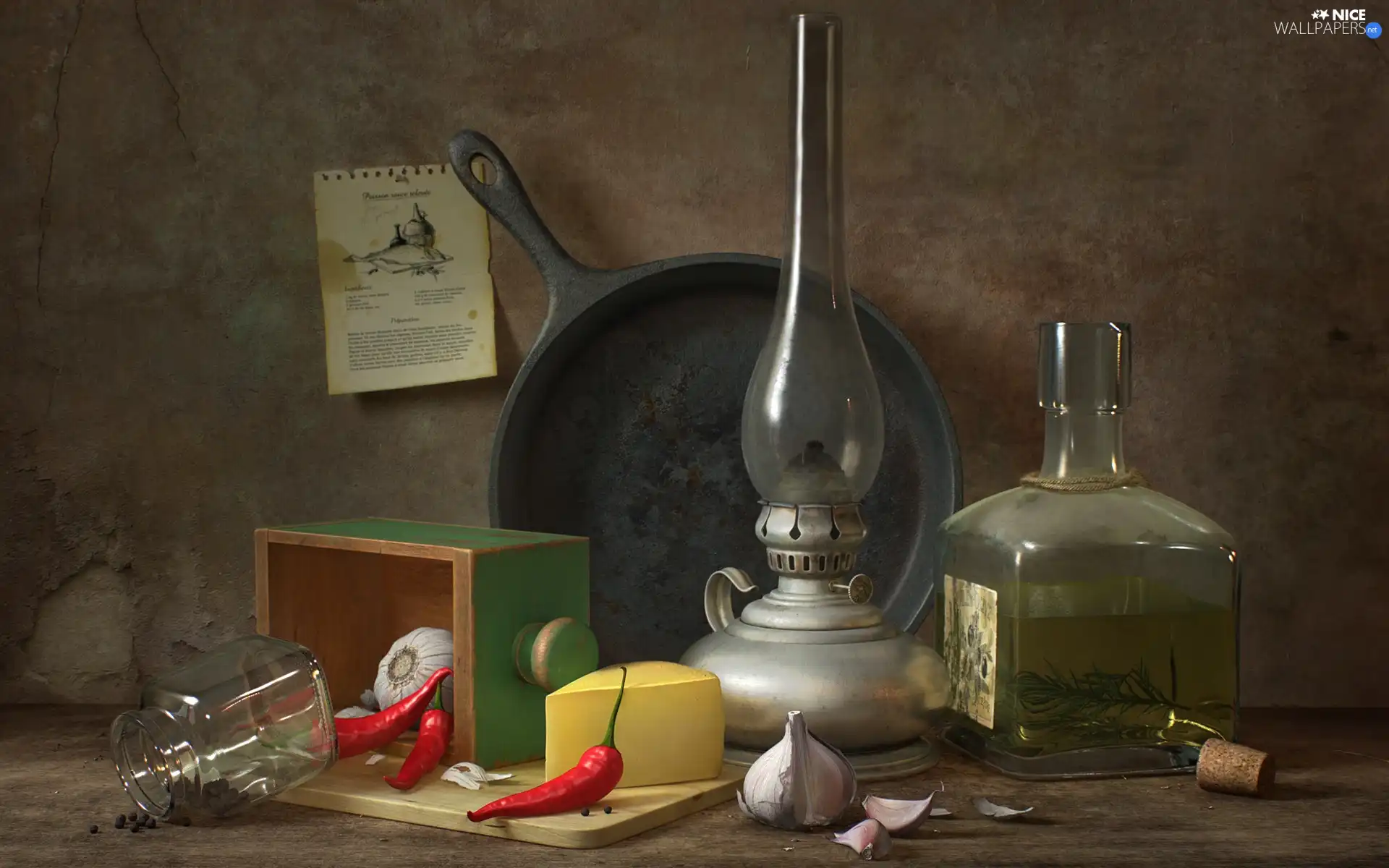 composition, Bottle, vegetables, Oil Lamp