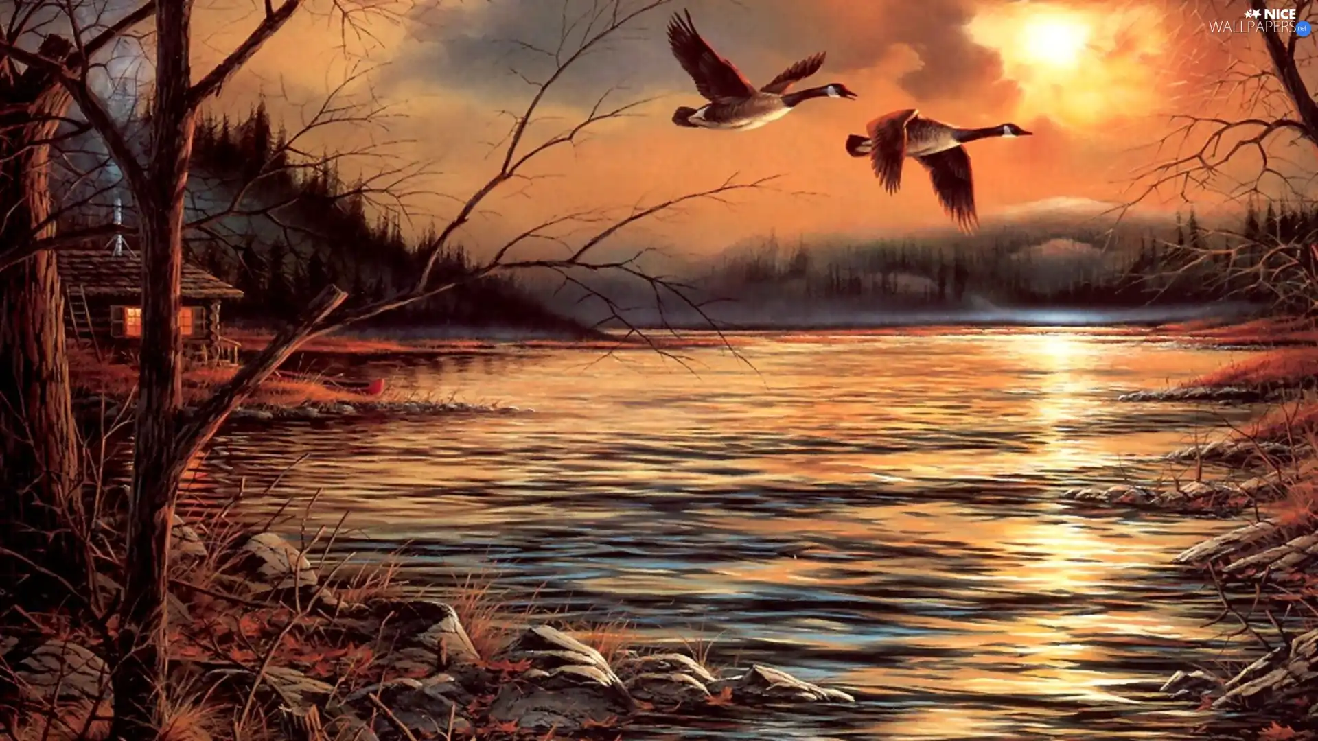 geese, west, water, Terry Avon Redlin, Canadian, sun