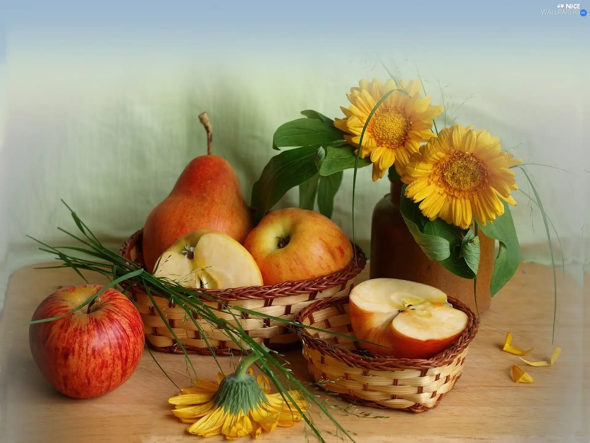 apples, Yellow, gerberas, truck concrete mixer