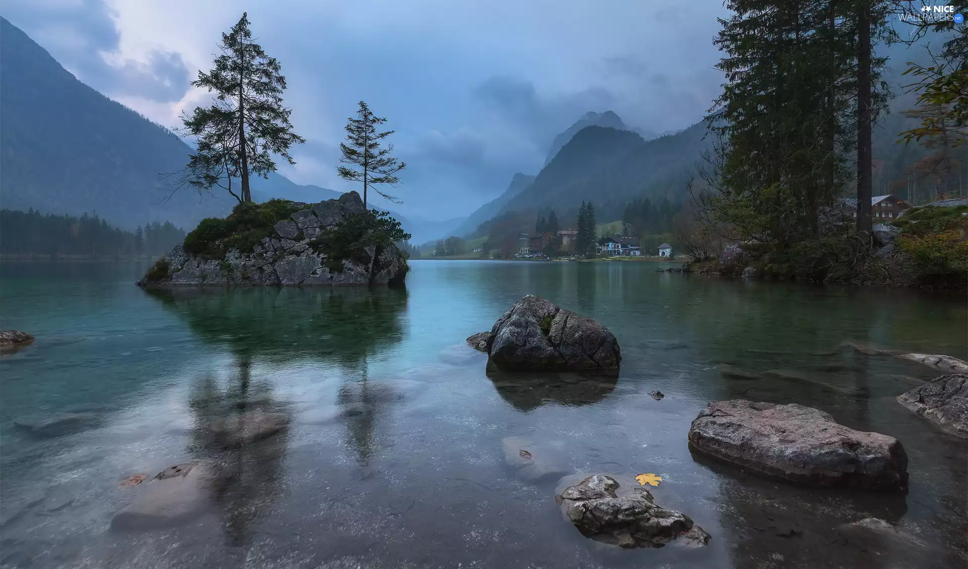 Germany, Mountains, Stones, trees, rocks, Bavaria, Lake Hintersee, viewes