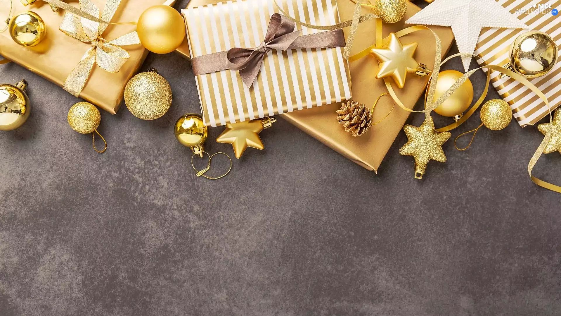 Christmas, Golden, baubles, gifts