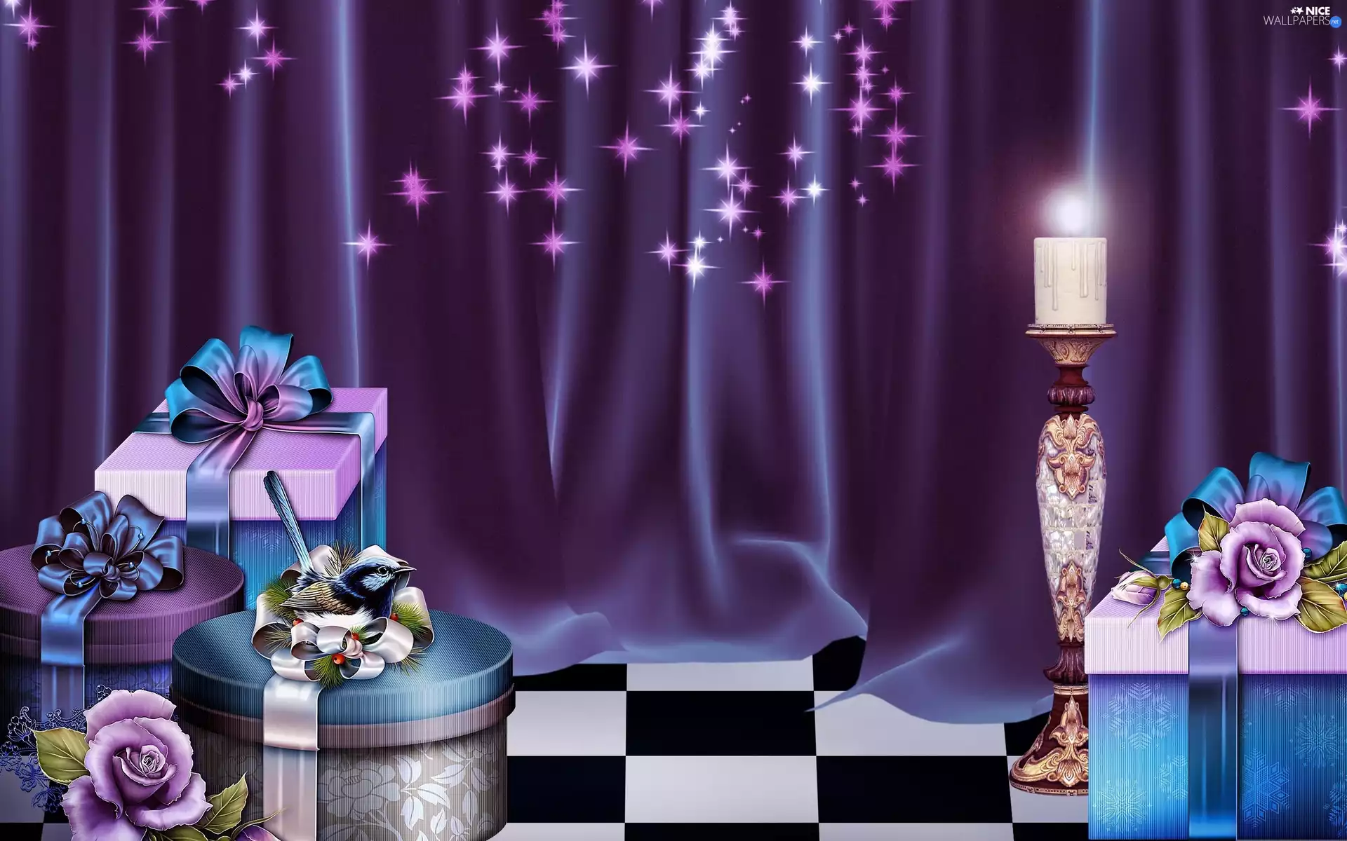 christmas, birdies, candlestick, gifts