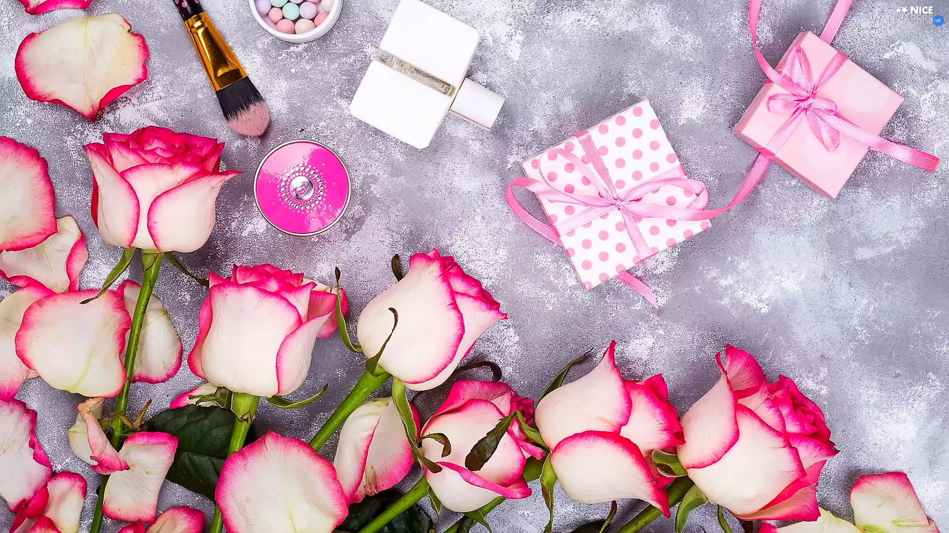 gifts, brush, background, powder, Grey, roses, Pink-White, perfume