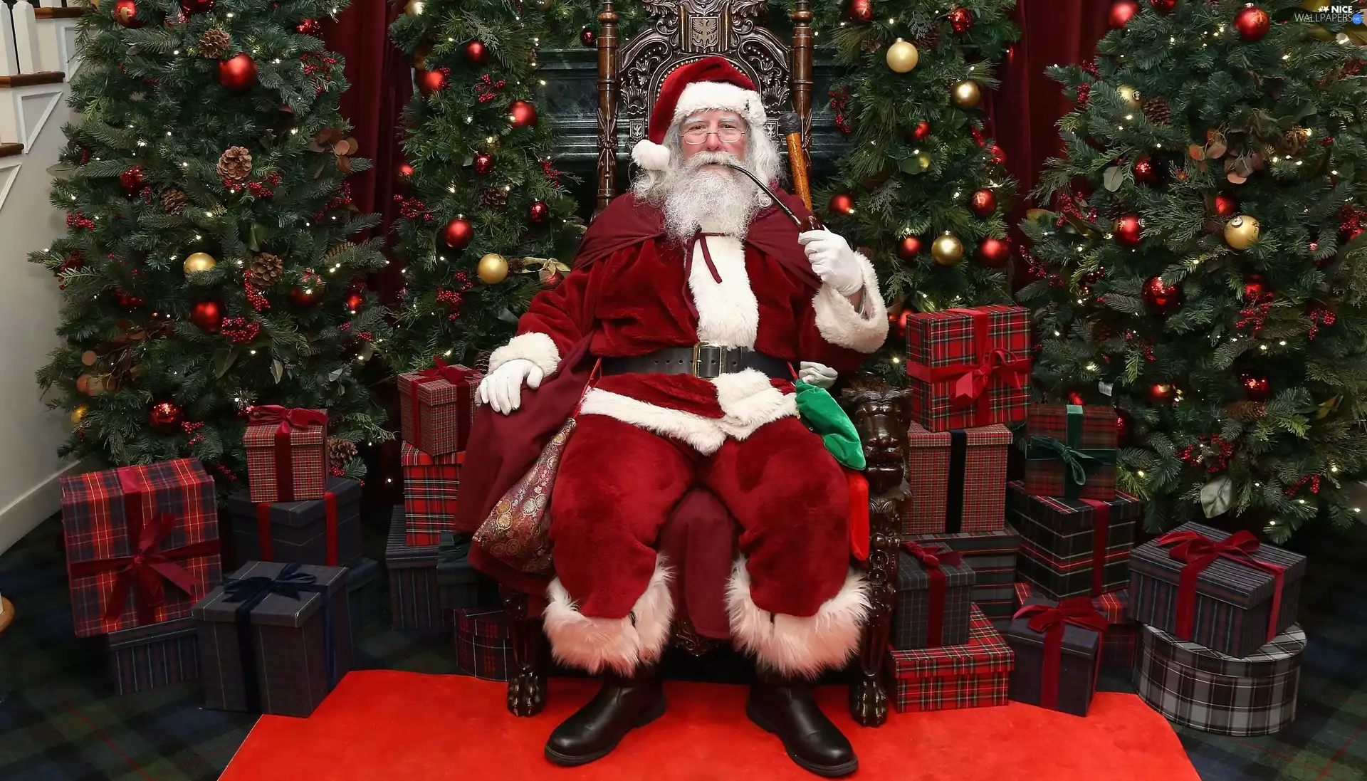 Christmas, gifts, pipe, Armchair, Santa