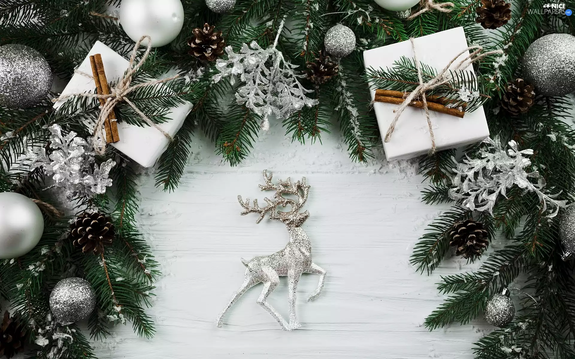 baubles, Twigs, reindeer, gifts, Christmas, cones, boarding