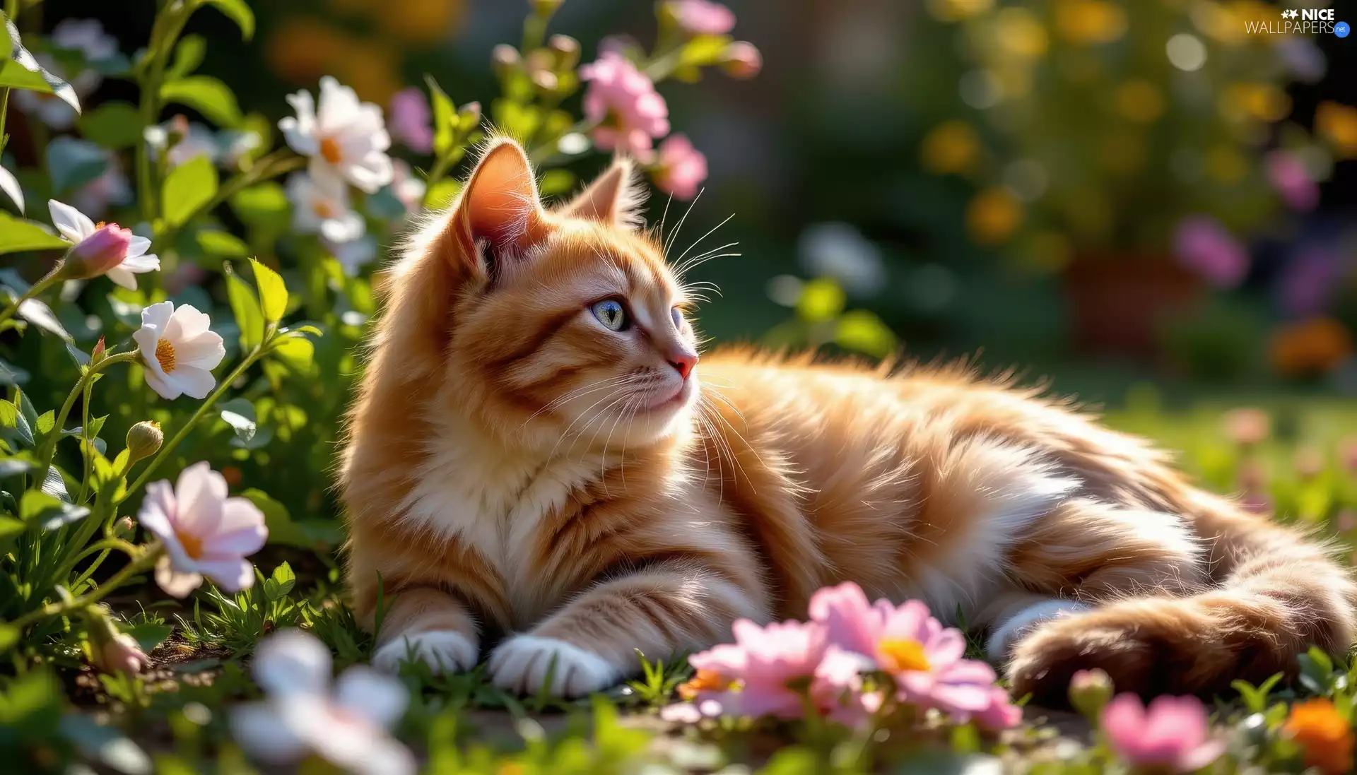 Flowers, The look, ginger, lying, cat
